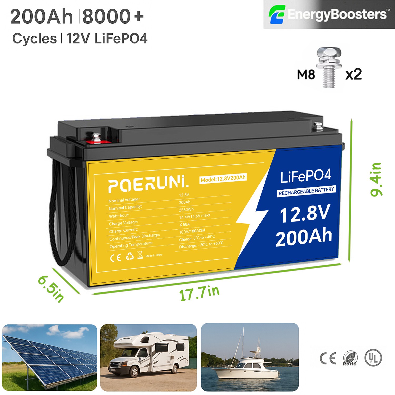 12v 200ah lifepo4 lithium solar battery deep cycle BMS For Off-grid RV Marine
