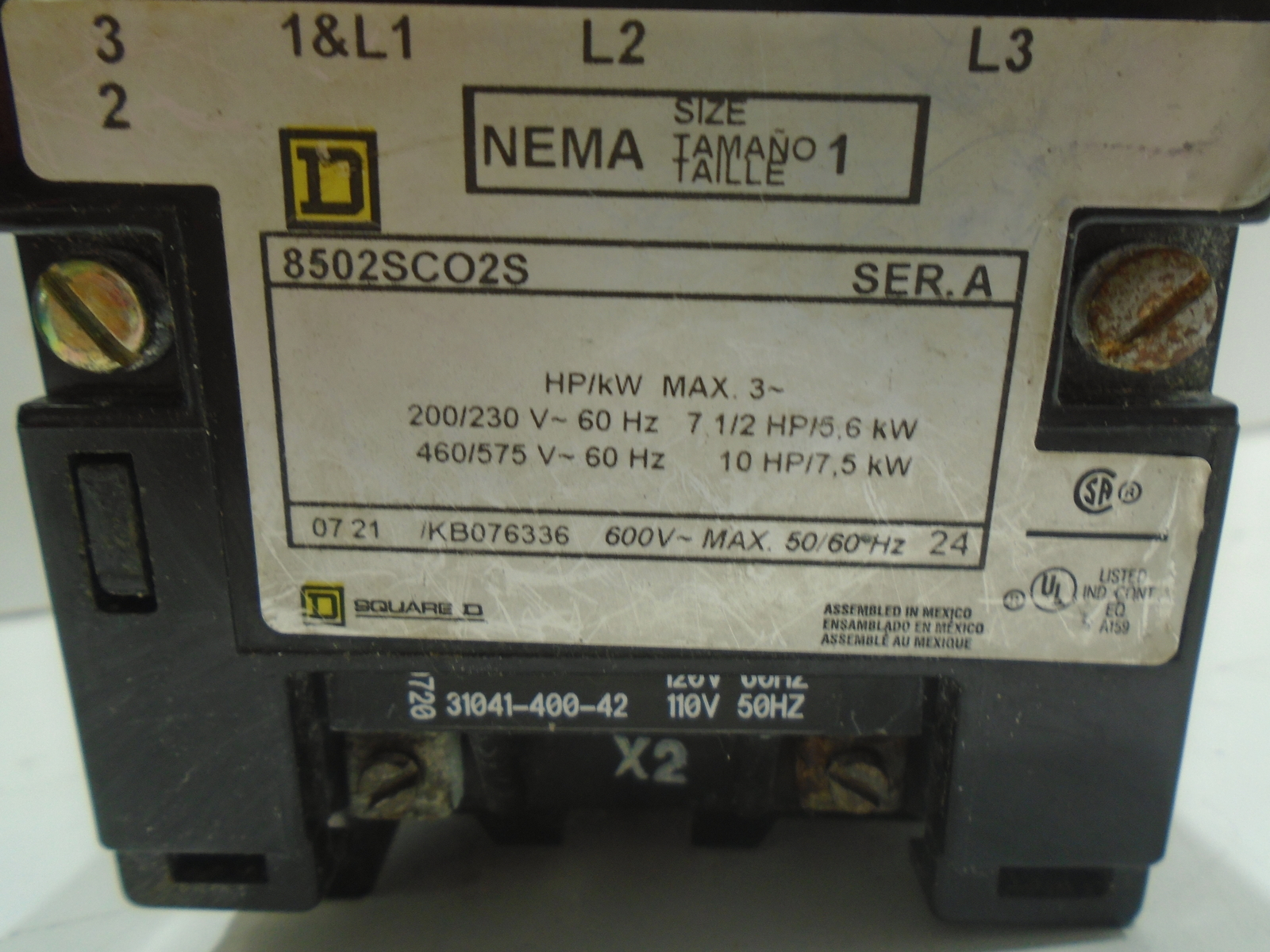 SQUARE D 8502SCO2S SERIES A CONTACTOR SIZE 1 600V 3-POLE