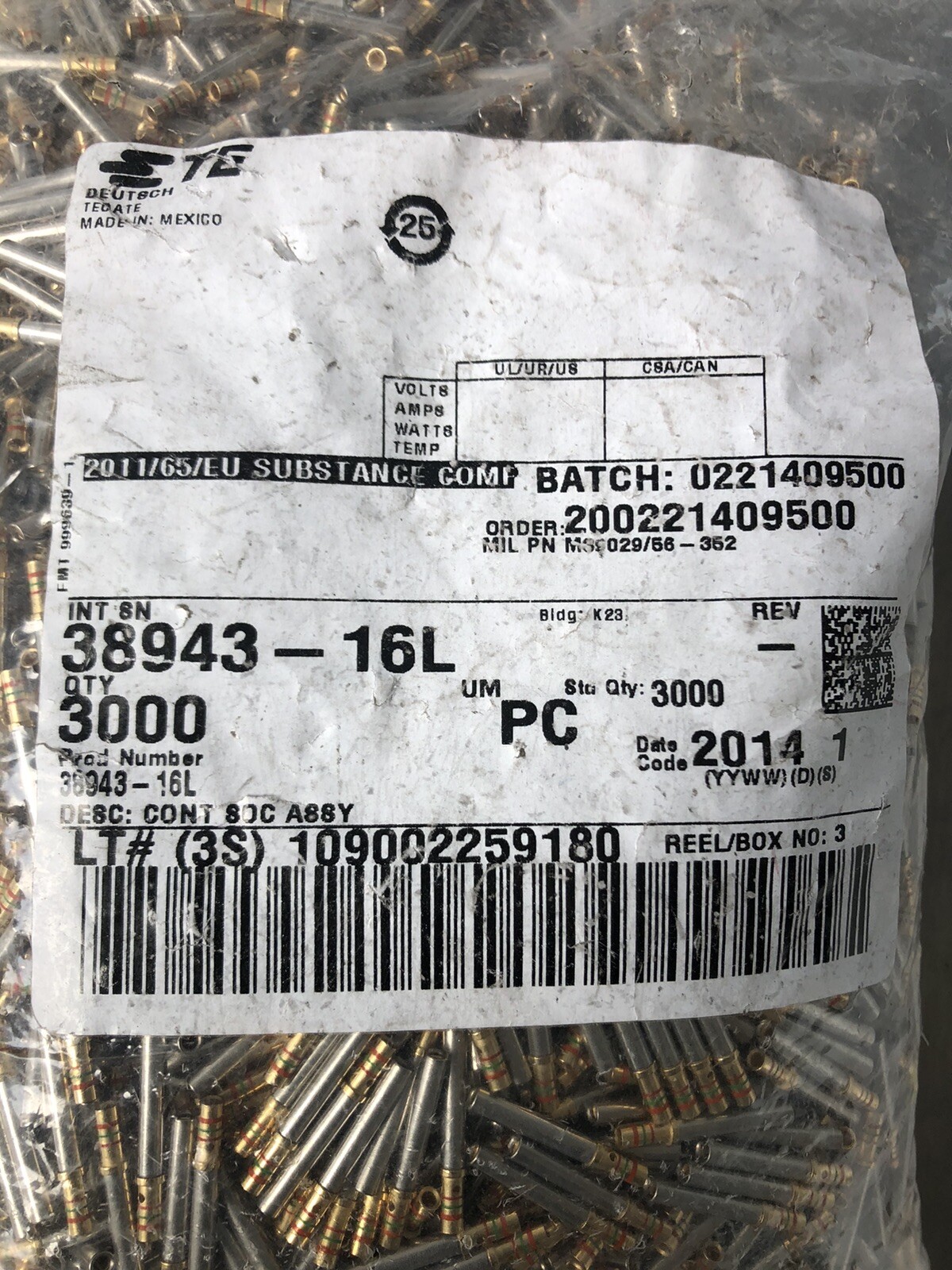 TE 38943-16L Cont Soc Assy Contact Automotive Connectors NEW!! FREE SHIPPING!!!