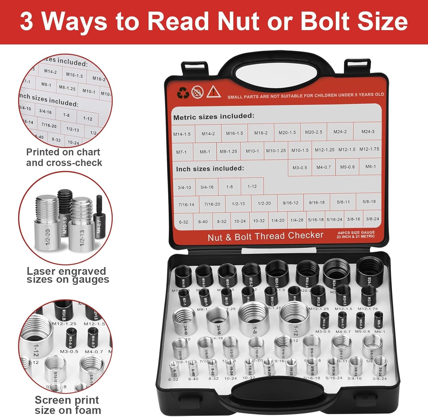 50Pcs Nut & Bolt Thread Checker Gauge 27 Standard 23 Metric Size Finder Tool Set