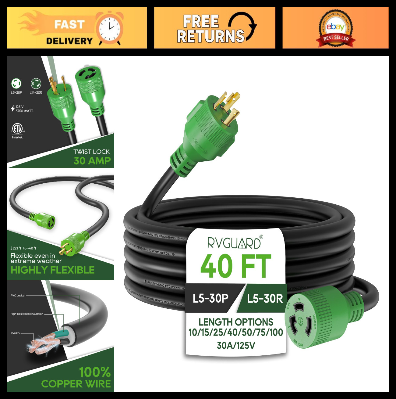 30 Amp 40ft Generator Extension Cord, ETL Listed, NEMA L5-30P/L5-30R, 10 Gauge