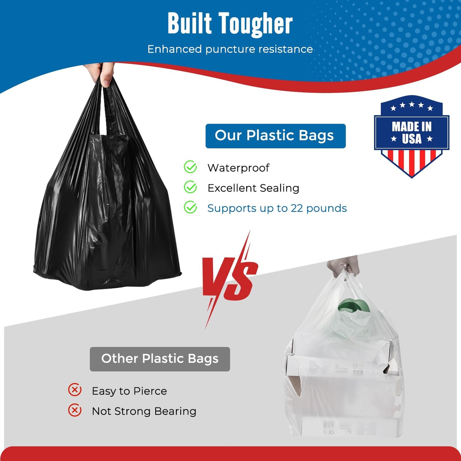 500 Count Plastic T-shirt Bags Black 12″x 6.5″x 21″Grocery Trash Take Out To Go