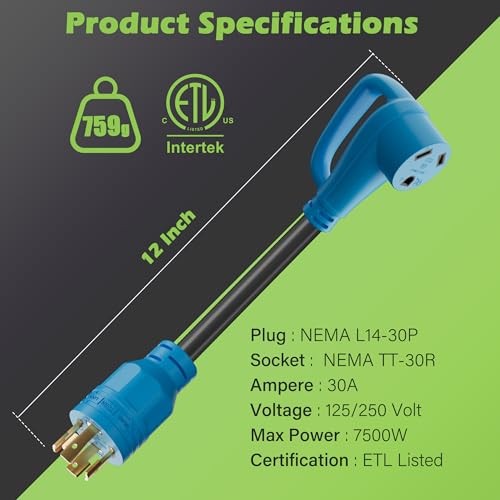 RV Generator Locking Adapter Cord 1 Ft 4-Prong NEMA L14-30P to TT-30R 30A 7500W