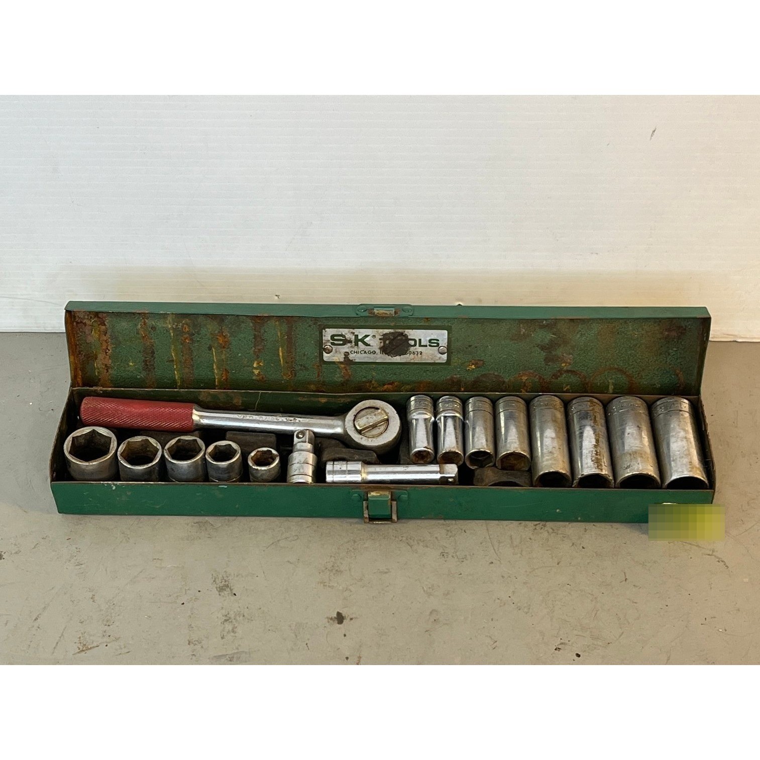 SK Tools Socket Set Mechanics 16 Piece Green Metal Case Vintage 1/2 Drive