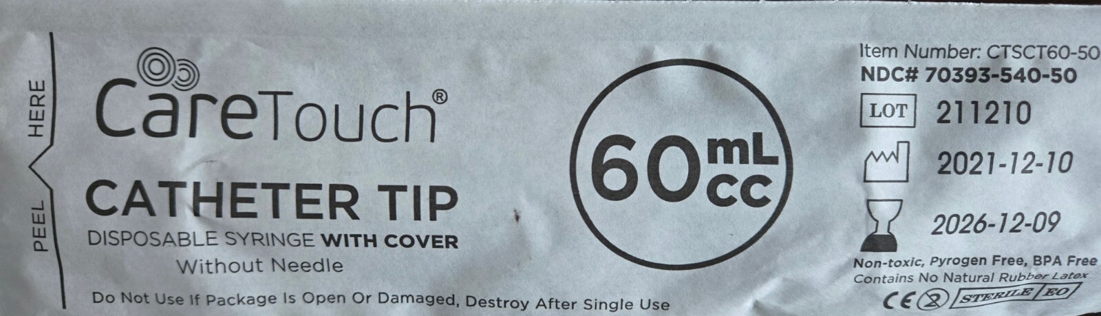 60Ml Catheter Tip Syringe with Cover 5 Pieces by CareTouch individually packaged