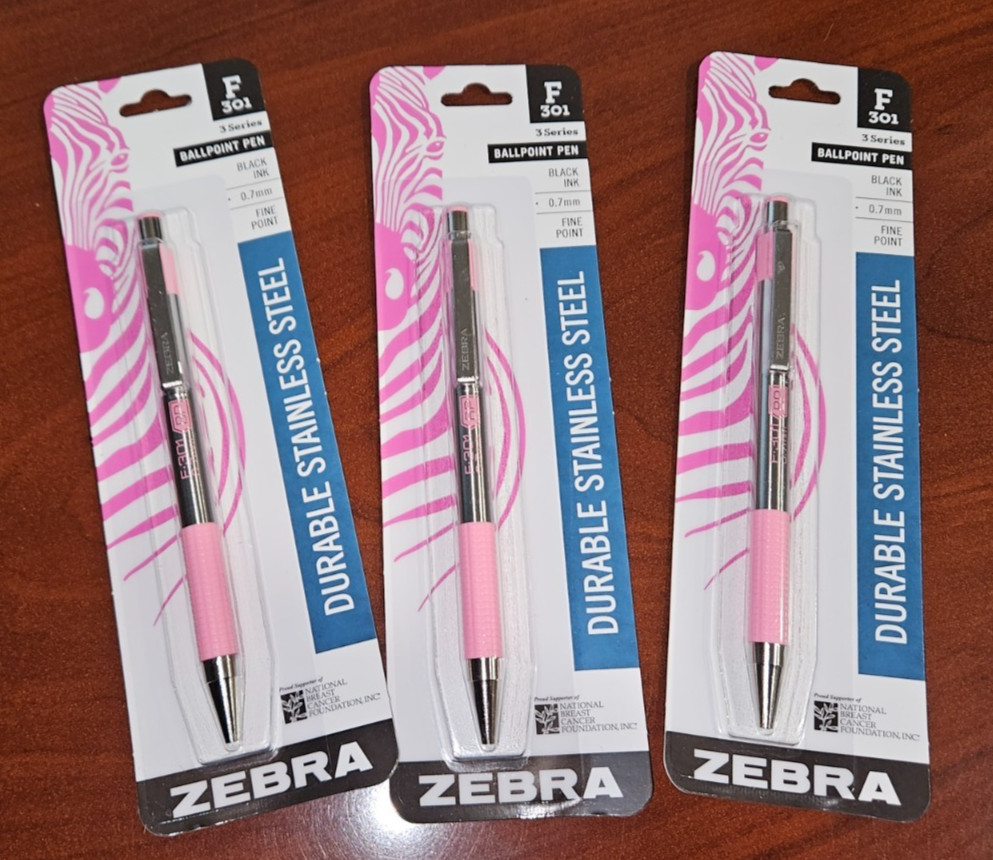 3 Zebra F-301 Stainless Steel Retractable Ballpoint Pen 0.7 BCA Pink Barrel F301