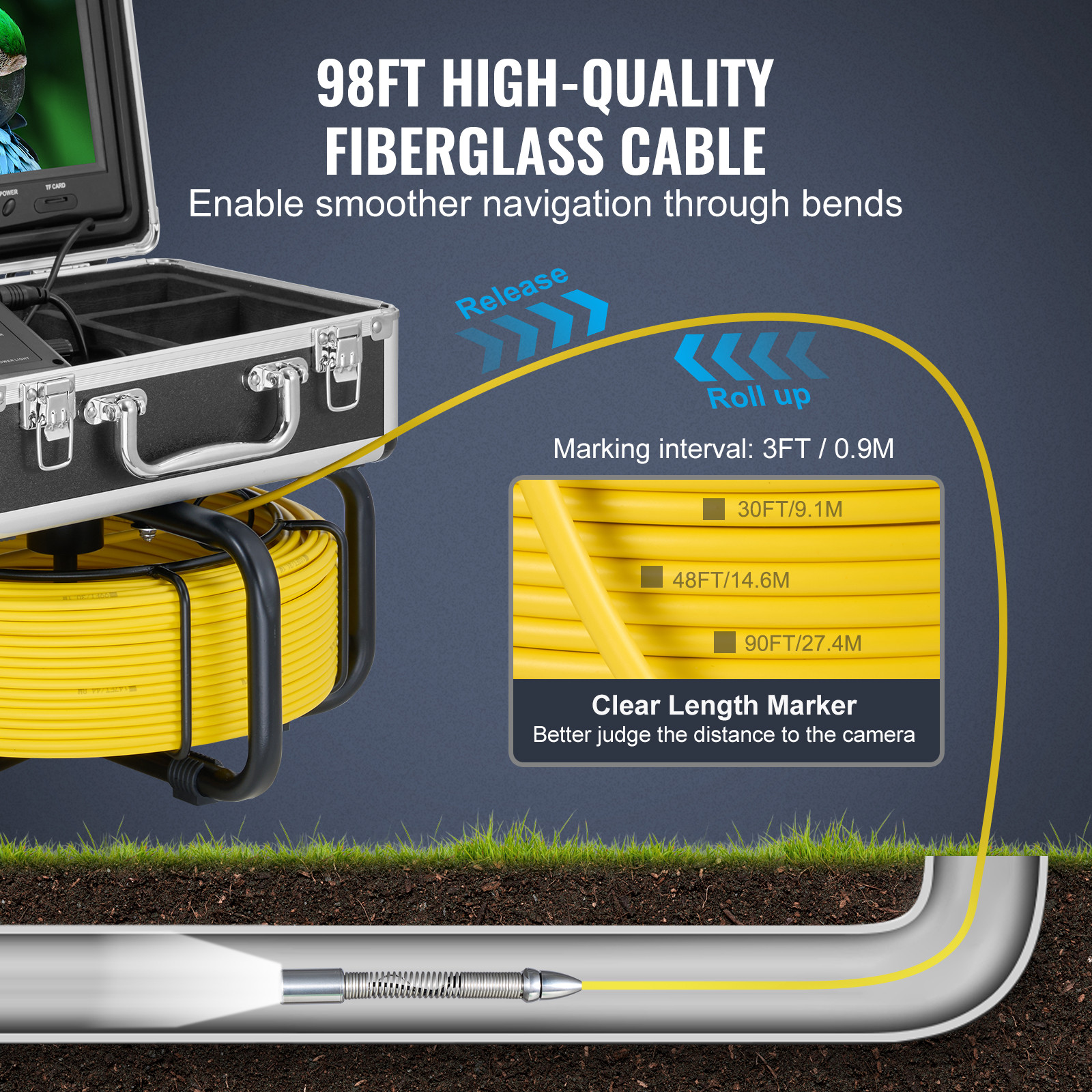 9″ Sewer Camera 98 ft/30 m Self-Leveling Drain Duct Camera with 512Hz Locator