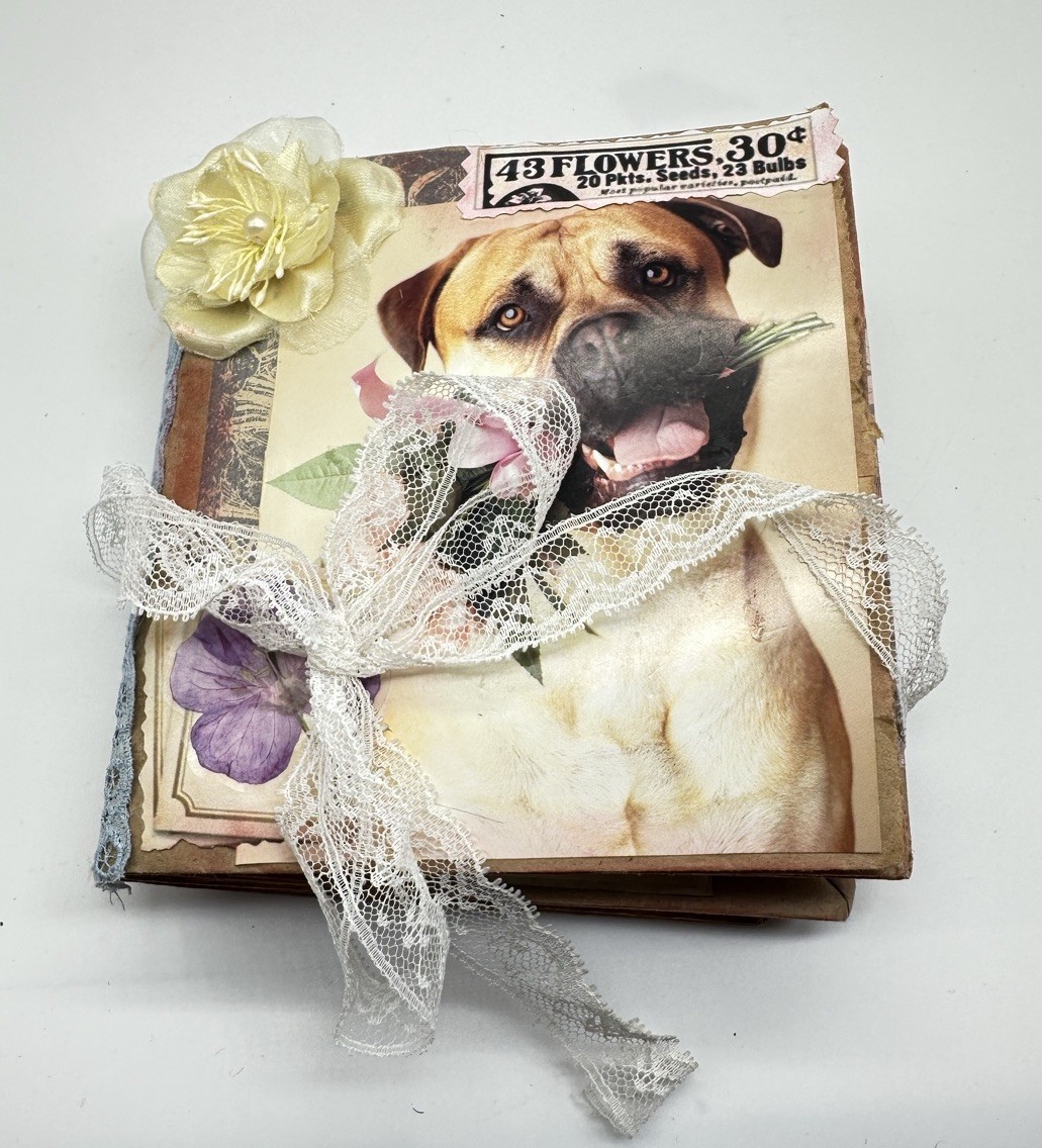 Hand Made Junk Journal Doggy And Yellow Flower. Medium Is Brown Paper Bags