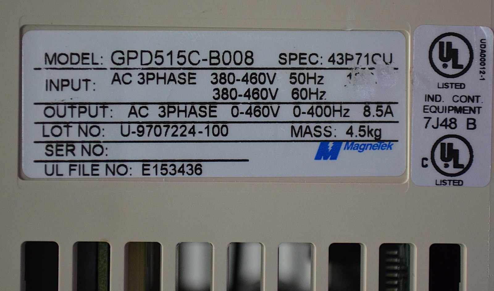 MagneTek GPD515C-B004 3-Phase Drive SPEC: 43P71CU 460VAC 50-60Hz 8.5Amp UL7J48 B