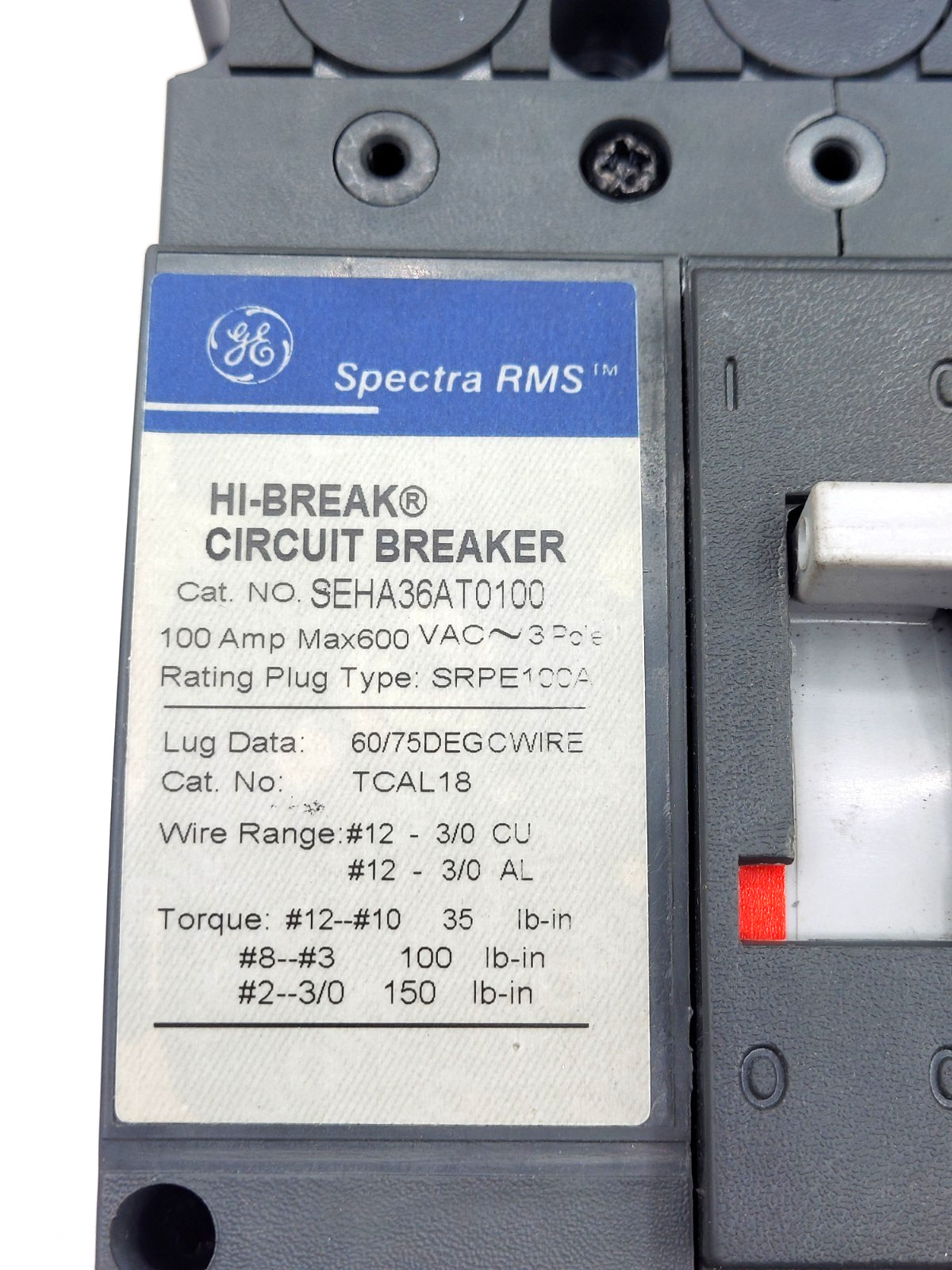GE – SEHA36AT0100 – Spectra Rms Molded Case Circuit Breaker, 100A, 600V **NEW**
