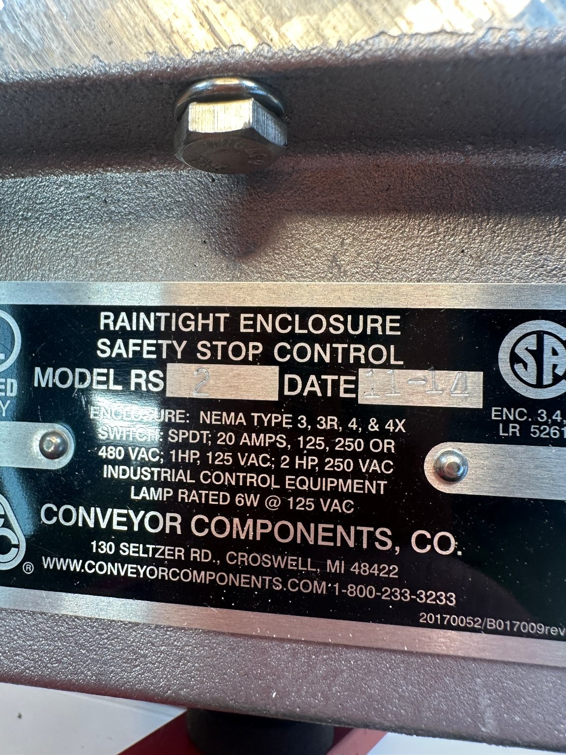 Conveyor Components RS2 Safety Stop Control Industrial Equipment NEMA 4X