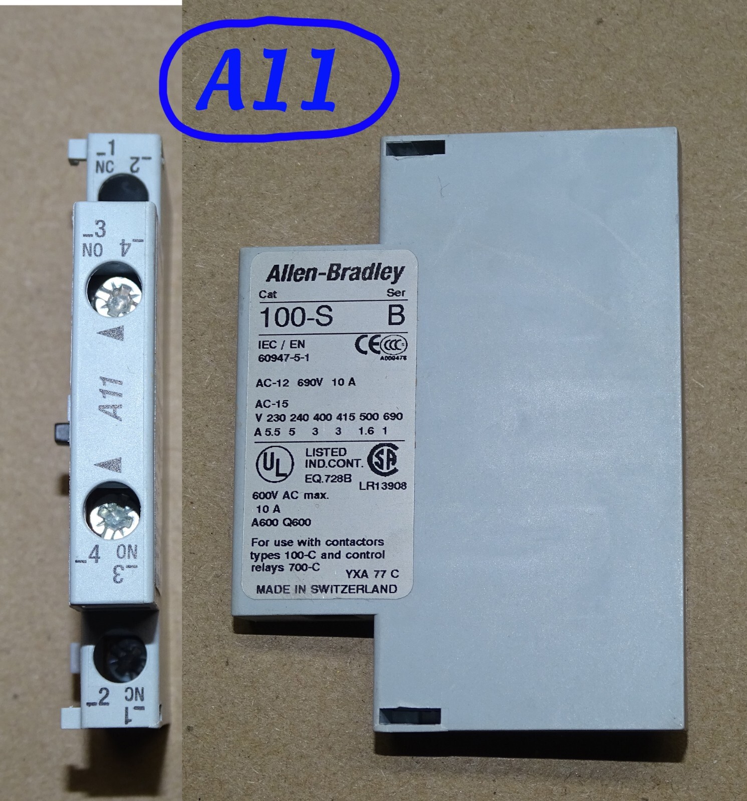 Allen Bradley 100-S Auxiliary Contact Block: A01, A10, A11, AL11, A20, B10, B11
