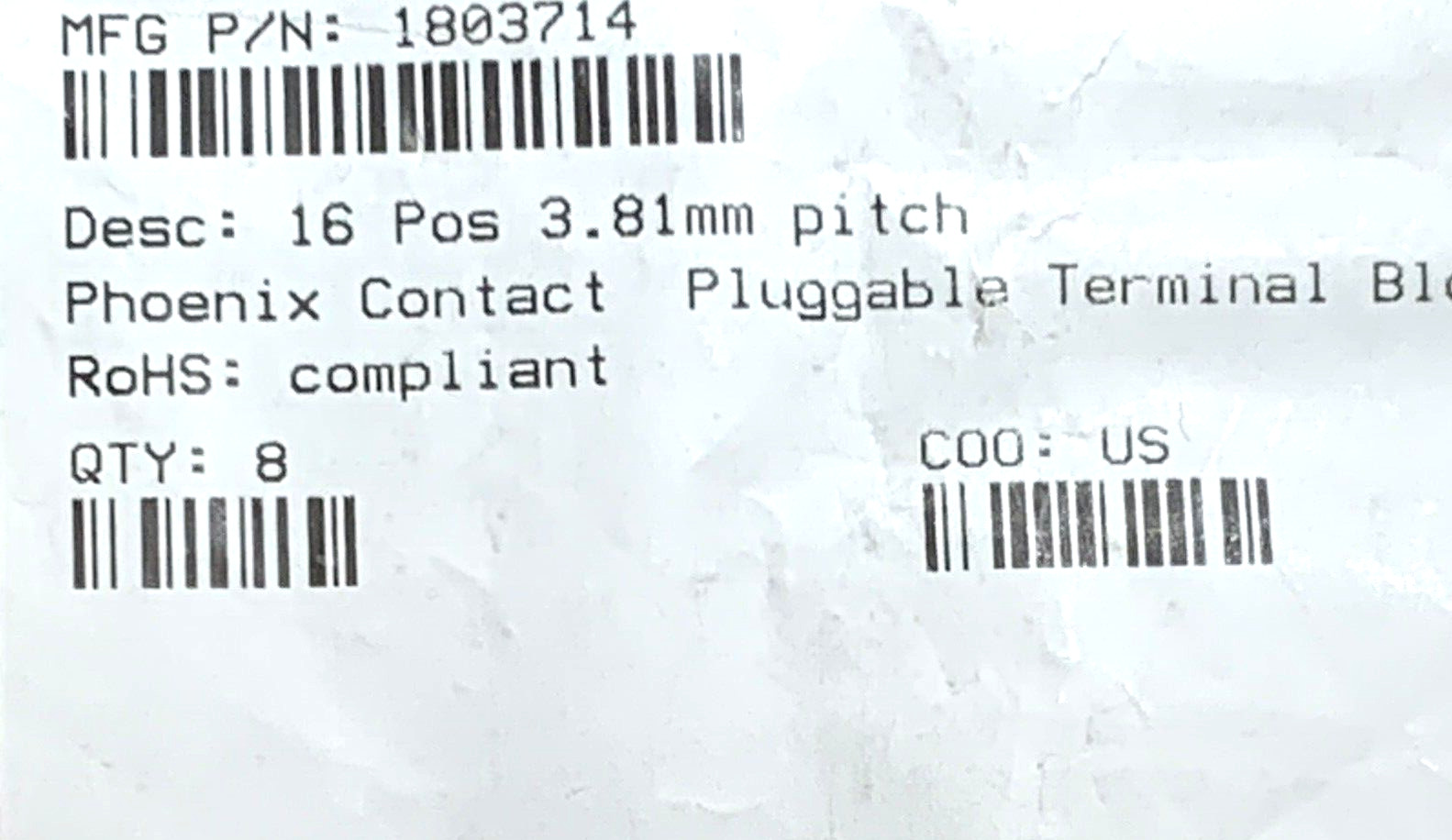 PHONEIX CONTACT TERM BLOCK PLUG 1803714 16POS STR 3.81MM «BUY 8/$80.00 OR 1/$11