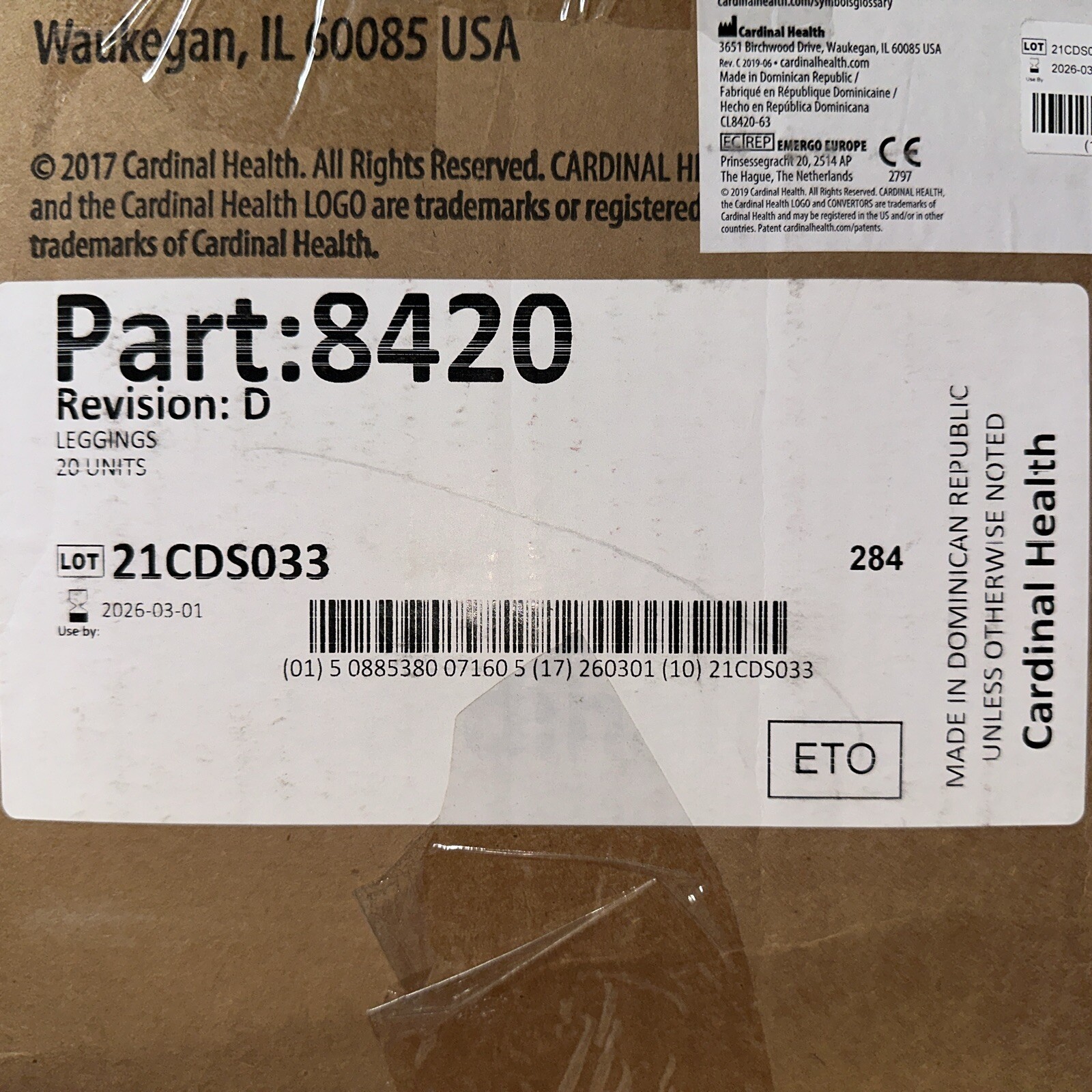 Cardinal Health Leggings #8420 Revision D, 20/Box, Individually Sealed, 2026/03.