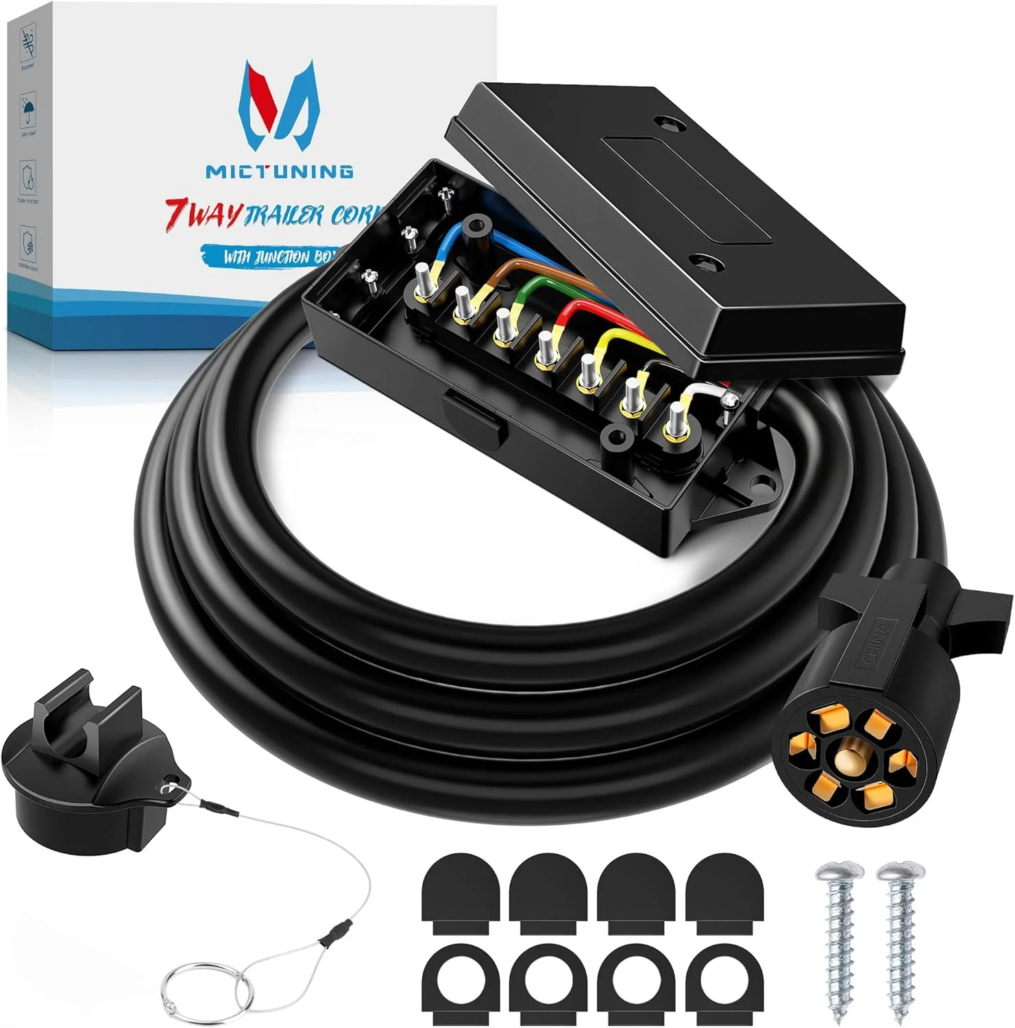 Heavy Duty 7 Way Plug Inline Trailer Cord with 7 Gang Junction Box 8 Feet, Weath