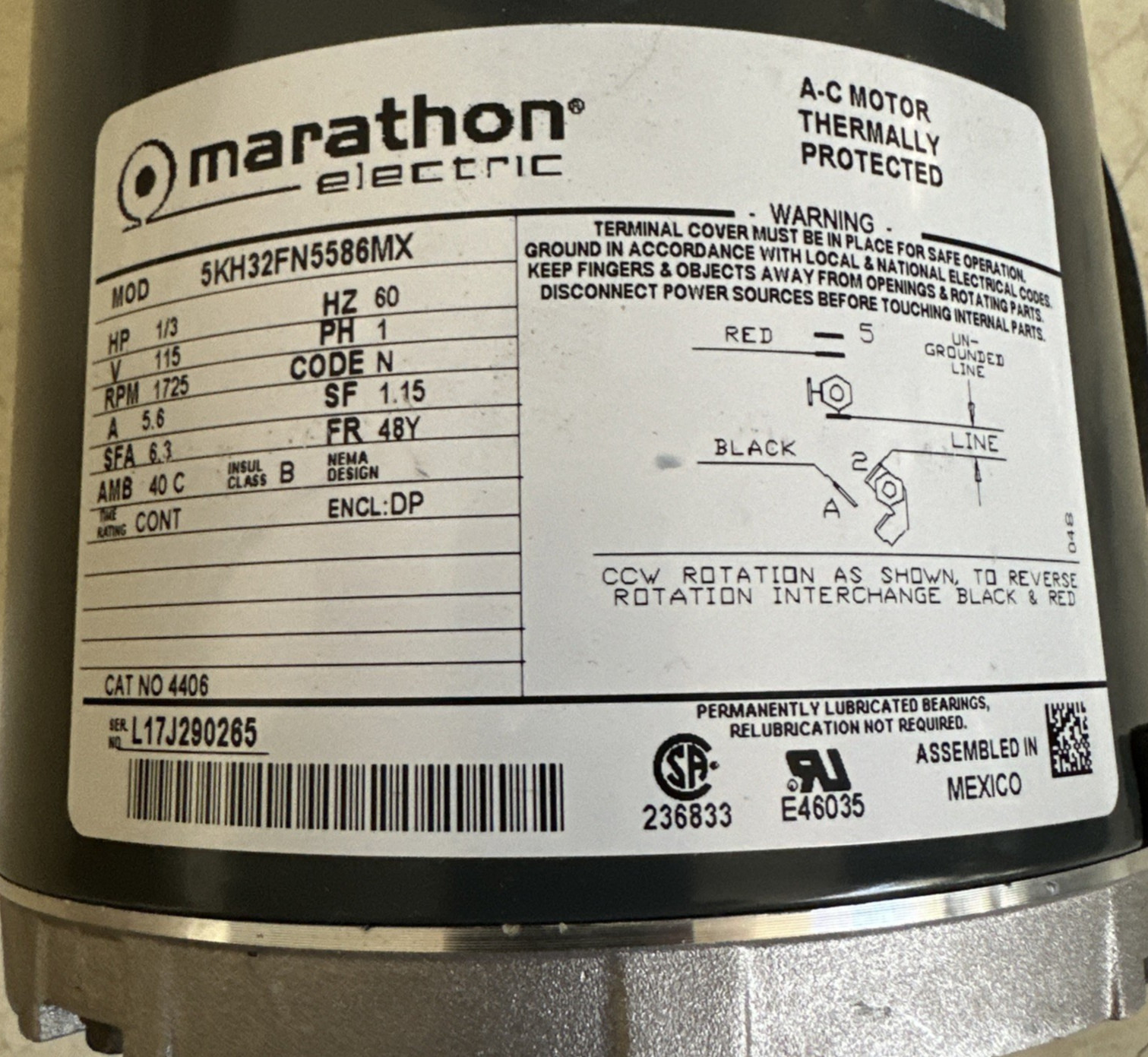 New MARATHON 5KH32FN5586MX CARBONATOR PUMP MOTOR 1/3HP 1725 RPM 5.6A 48Y