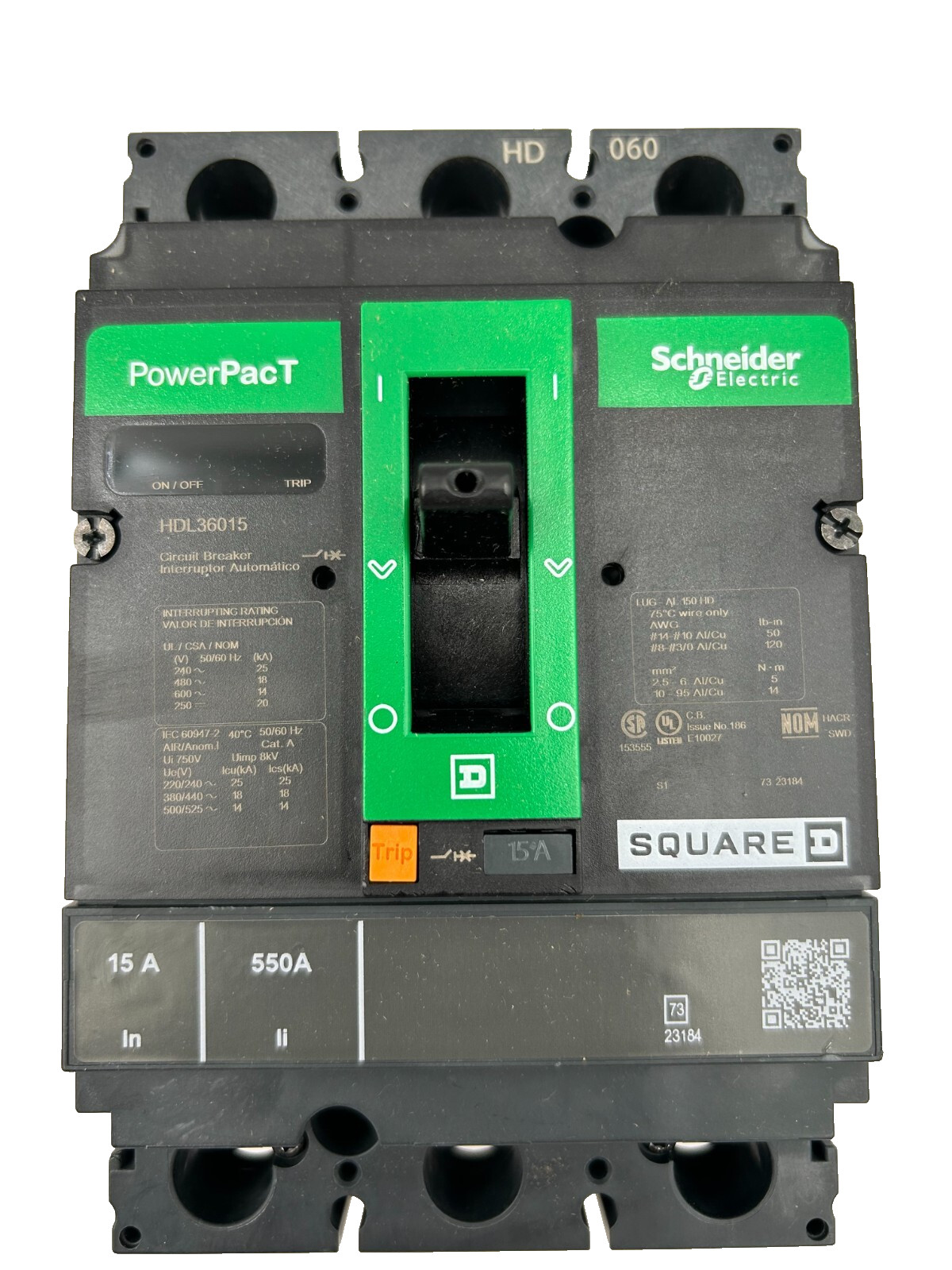 Schneider Electric HDL36015 Black Green 600V 15A 50-60Hz Circuit Breaker