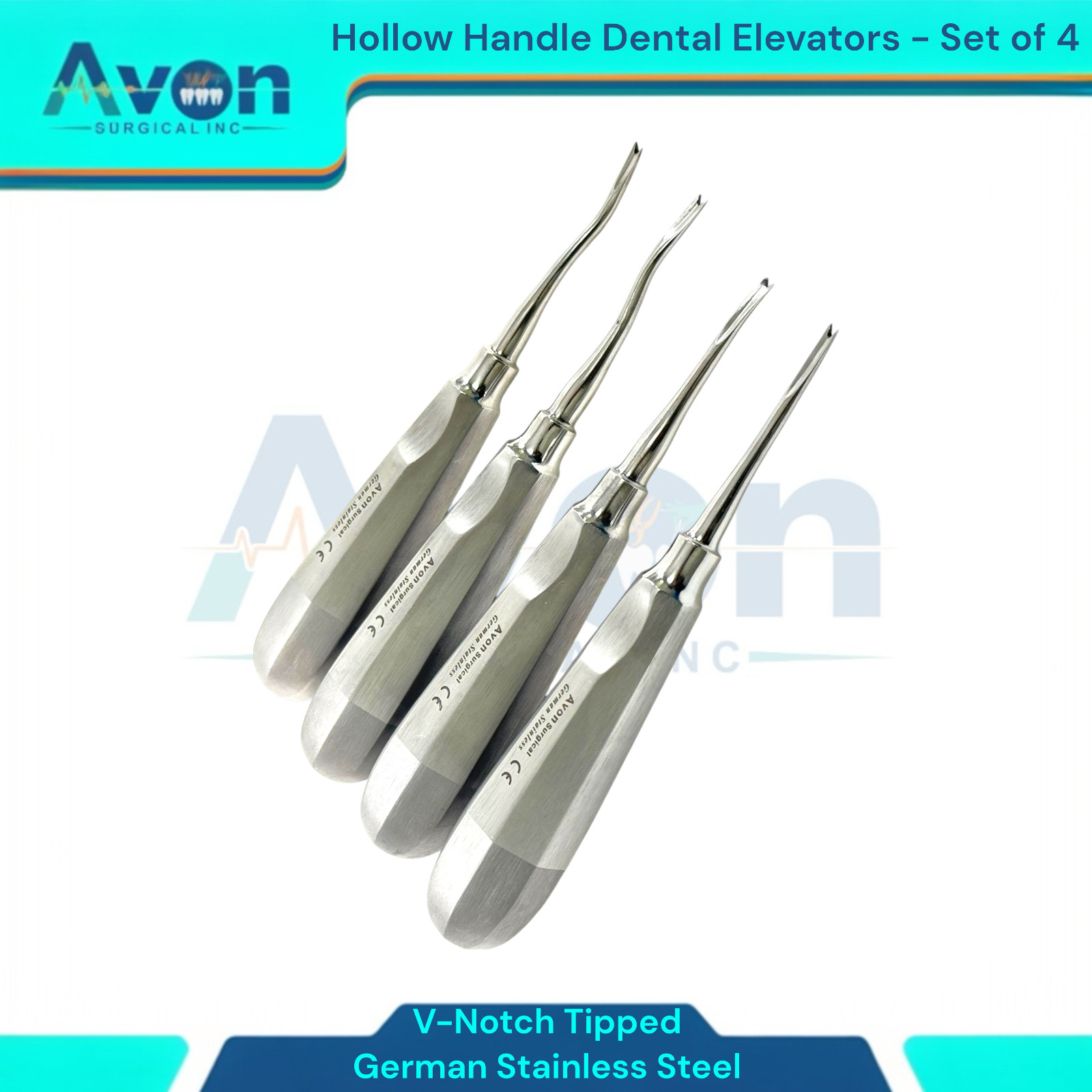 Periotome Apical Dental Elevator V-Notched Grooved, Hollow Handle (Set of 4)