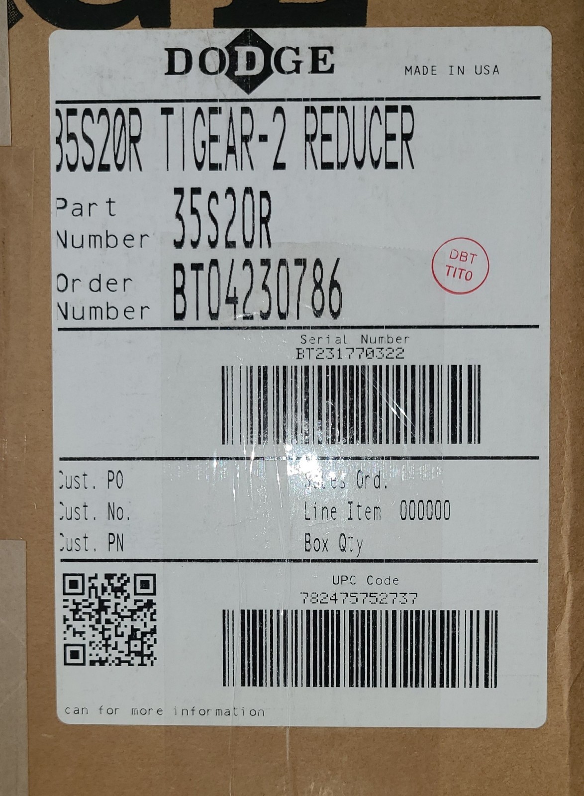 Dodge 35S20R TIGEAR-2 Right Angle Worm Gear Reducer 20:1 Ratio