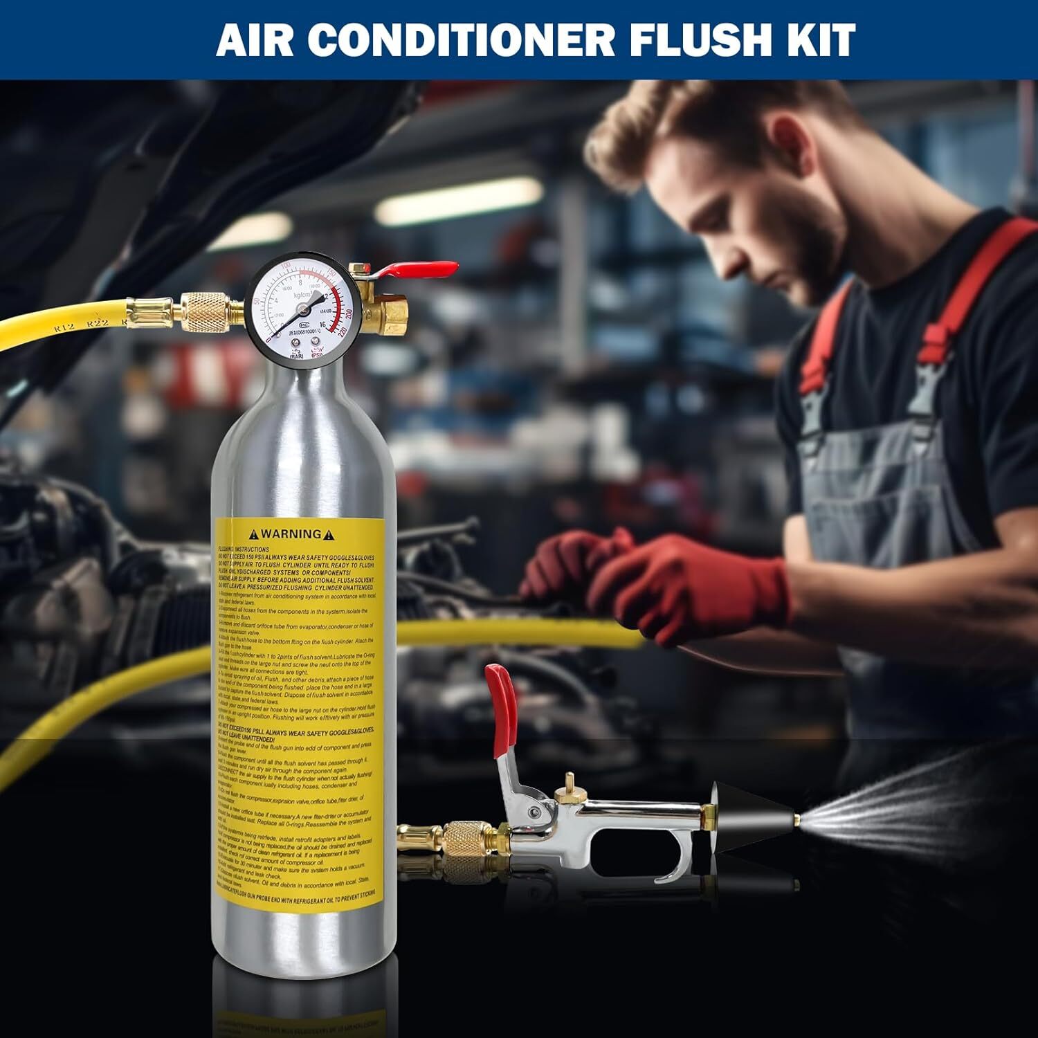 AC Flush Kit, Air Conditioner System Flush Canister Kit with Pressure Gauge