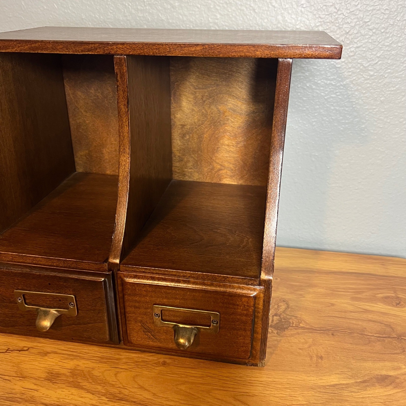 Vintage 2 Drawer Desktop Organizer w/ File Drawers Wooden Library Rustic 10.25″