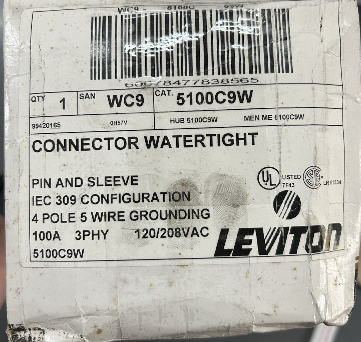 Leviton 5100C9W 100 Amp Pin & Sleeve Connector 3PH 120/208V 4P5W Watertight- NIB