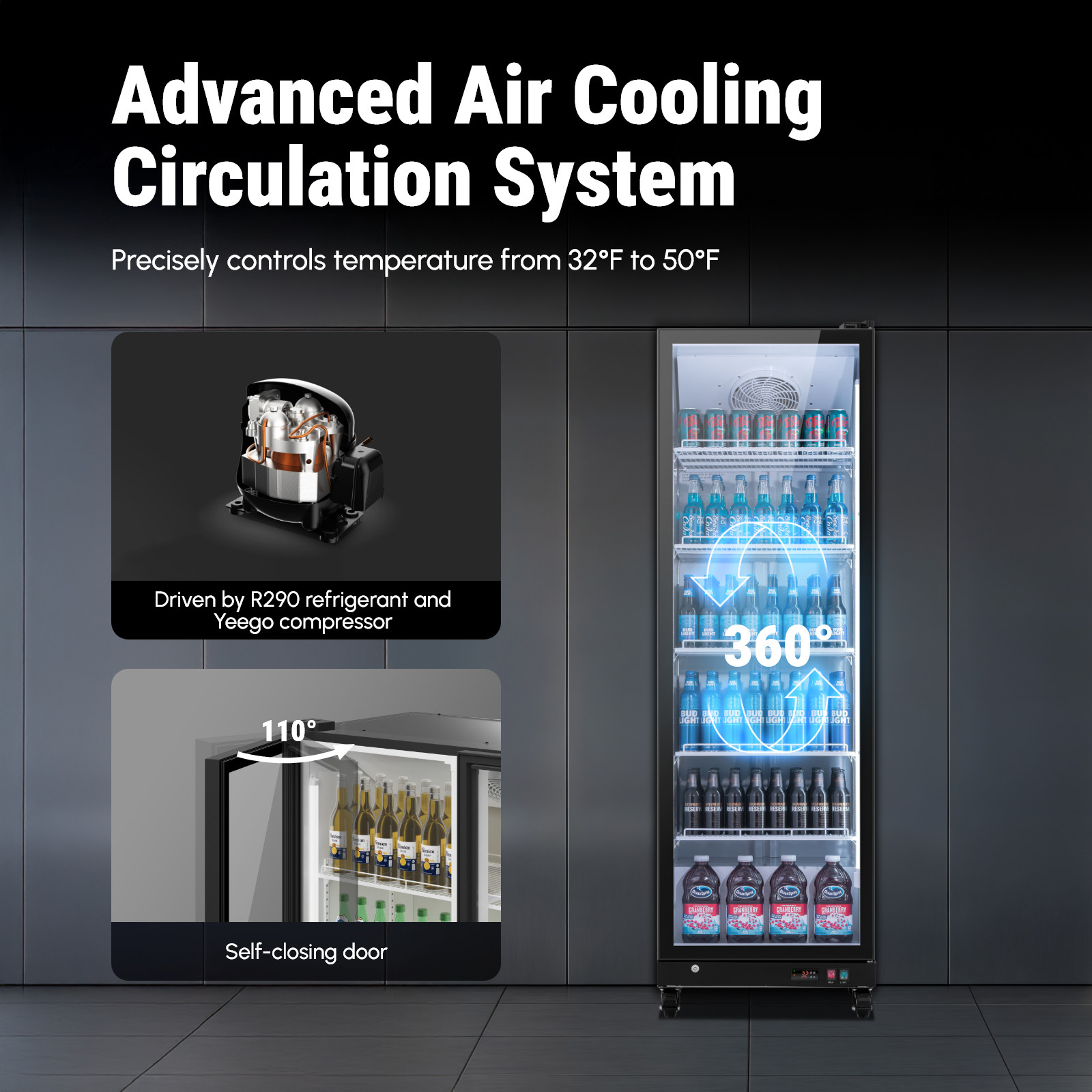 Yeego Commercial Display Beverage Refrigerator 17.5cu.ft Beverage Cooler 32-50°F