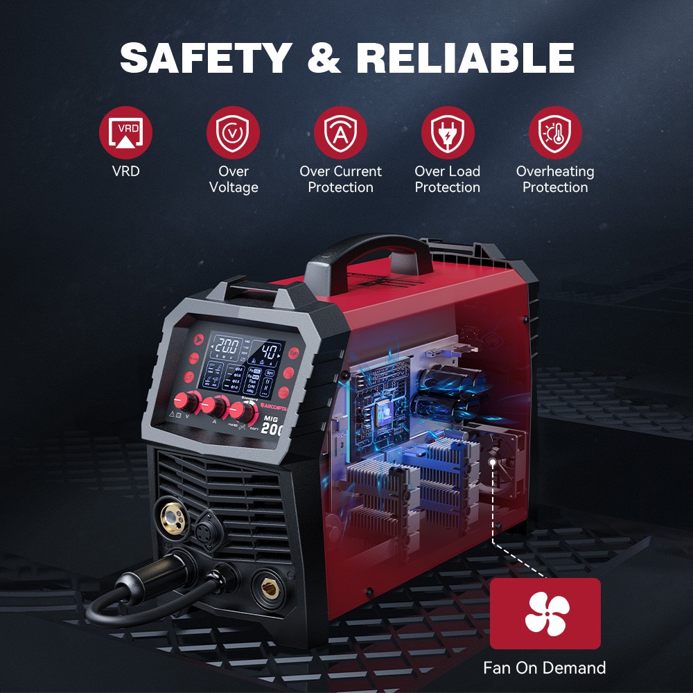 ARCCAPTAIN MIG Welder 200Amp 6 in 1 Aluminum LED Stick/Lift TIG + Welding Helmet