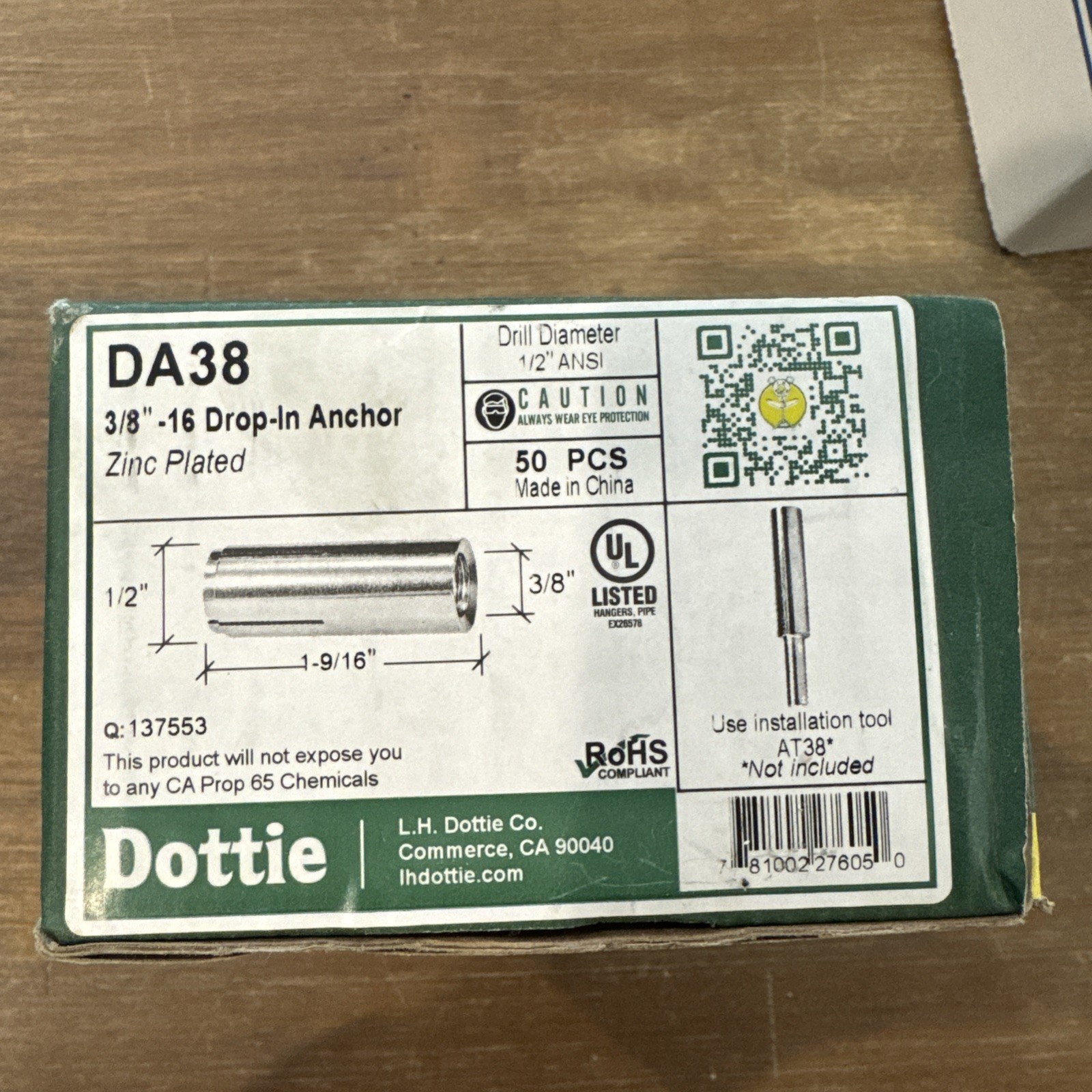 Dottie DA38 Drop-In Anchor 3/8-16 1-9/16″ Zinc Plated (lot of 50)