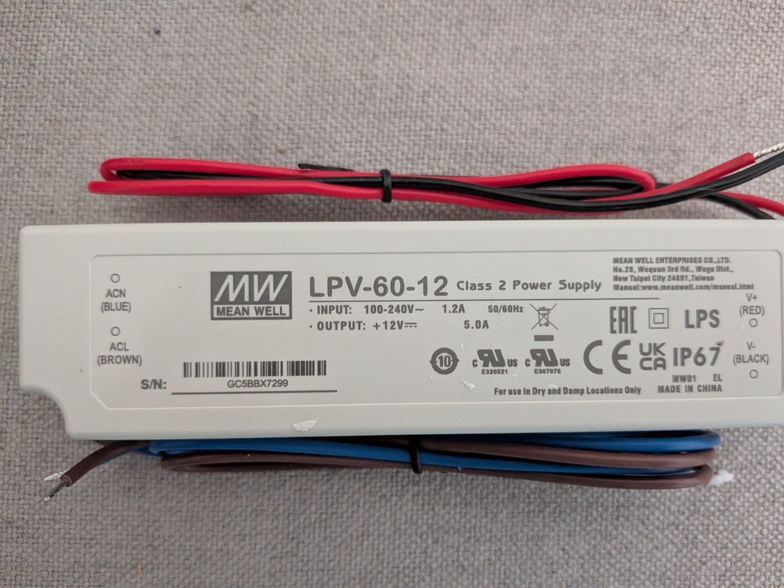 Mean Well Meanwell LPV-60-12 60W 12V 5A IP67 Class 2 Power Supply Driver NEW