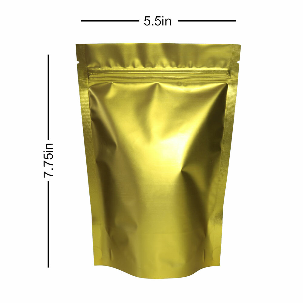 5.5×7.75in Two Sided Gold Foil Mylar Stand Up Zip Lock Bag w/ Heat Seal Machine