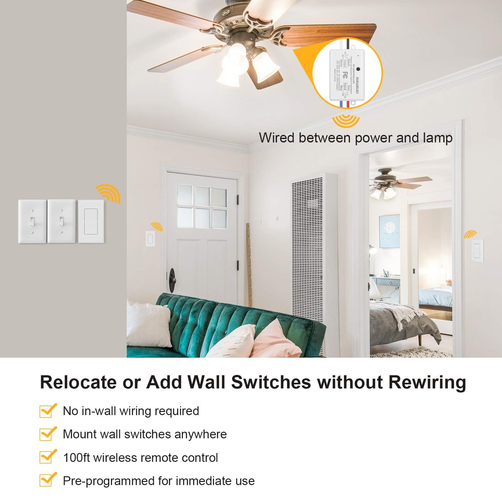 SURAIELEC 3 Way Wireless Light Switch, No Wiring, WiFi, 100ft RF White