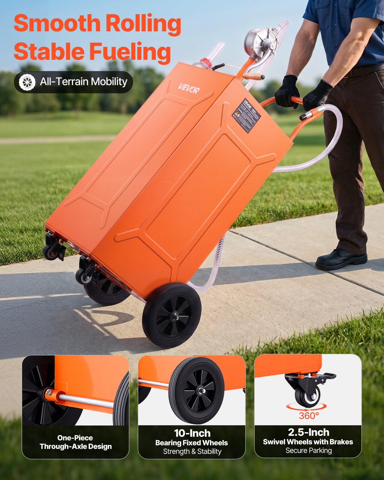 VEVOR 35 Gal Fuel Gas Caddy Portable Storage Tank Manual Pump 4 Wheels Orange