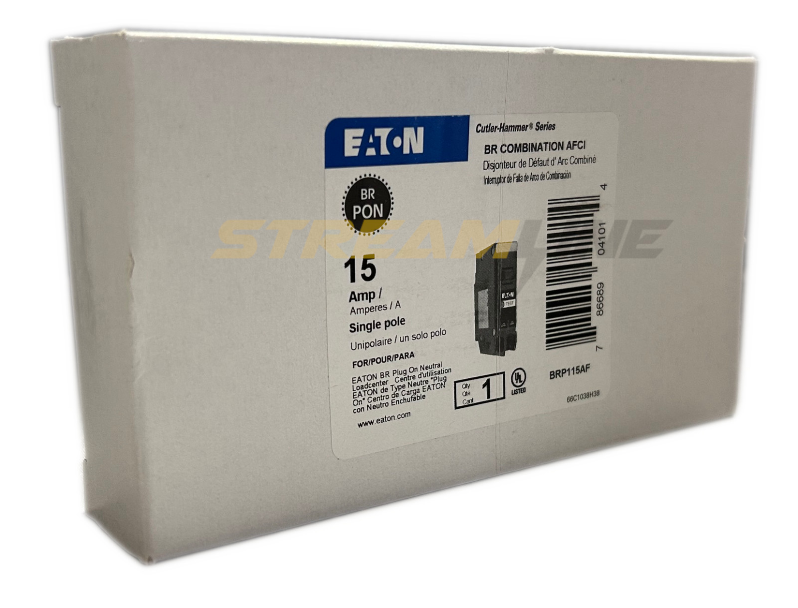 Eaton BRP115AF Circuit Breaker, Arc Fault, 15A, 1P, 120Vac, Plug-On, Box of 20