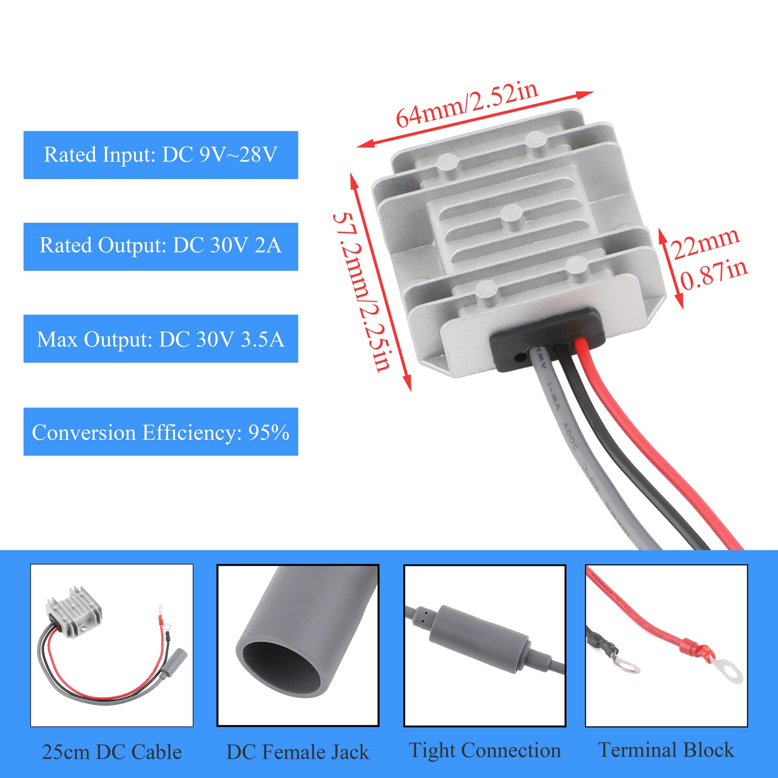 DC 12V 24V to 30V 3.5A DC Power Converter with terminal block to DC female