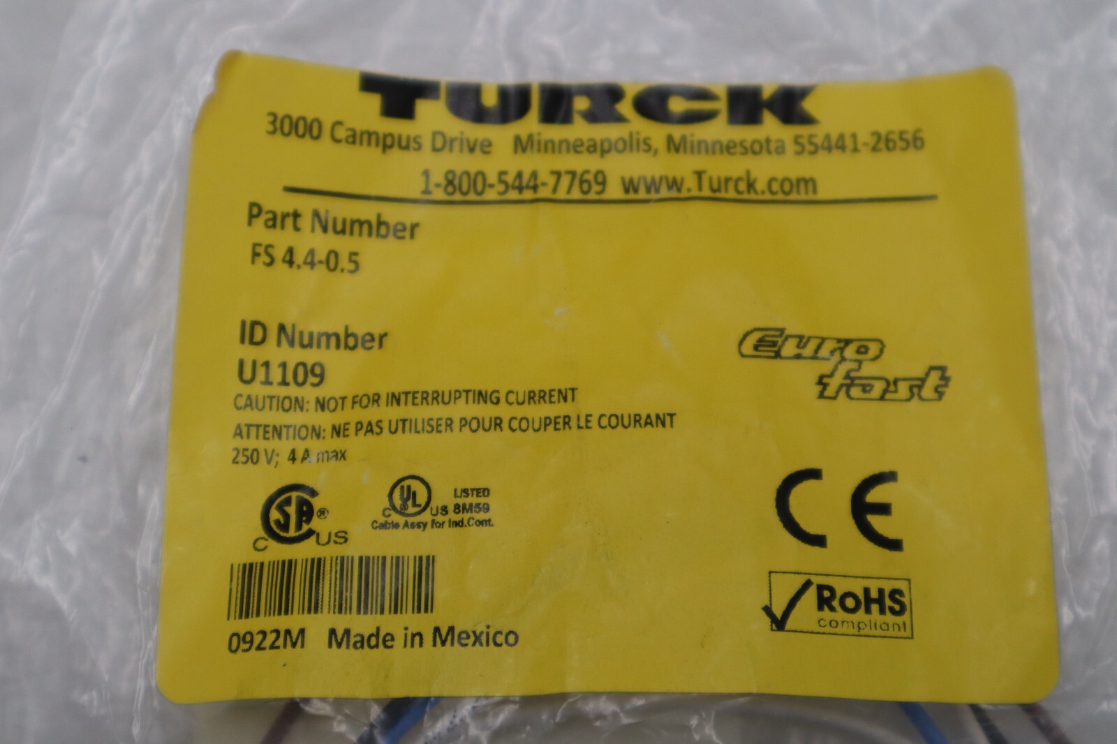 NEW Turck Cable FS 4.4-0.5 U1109 STOCK G860A