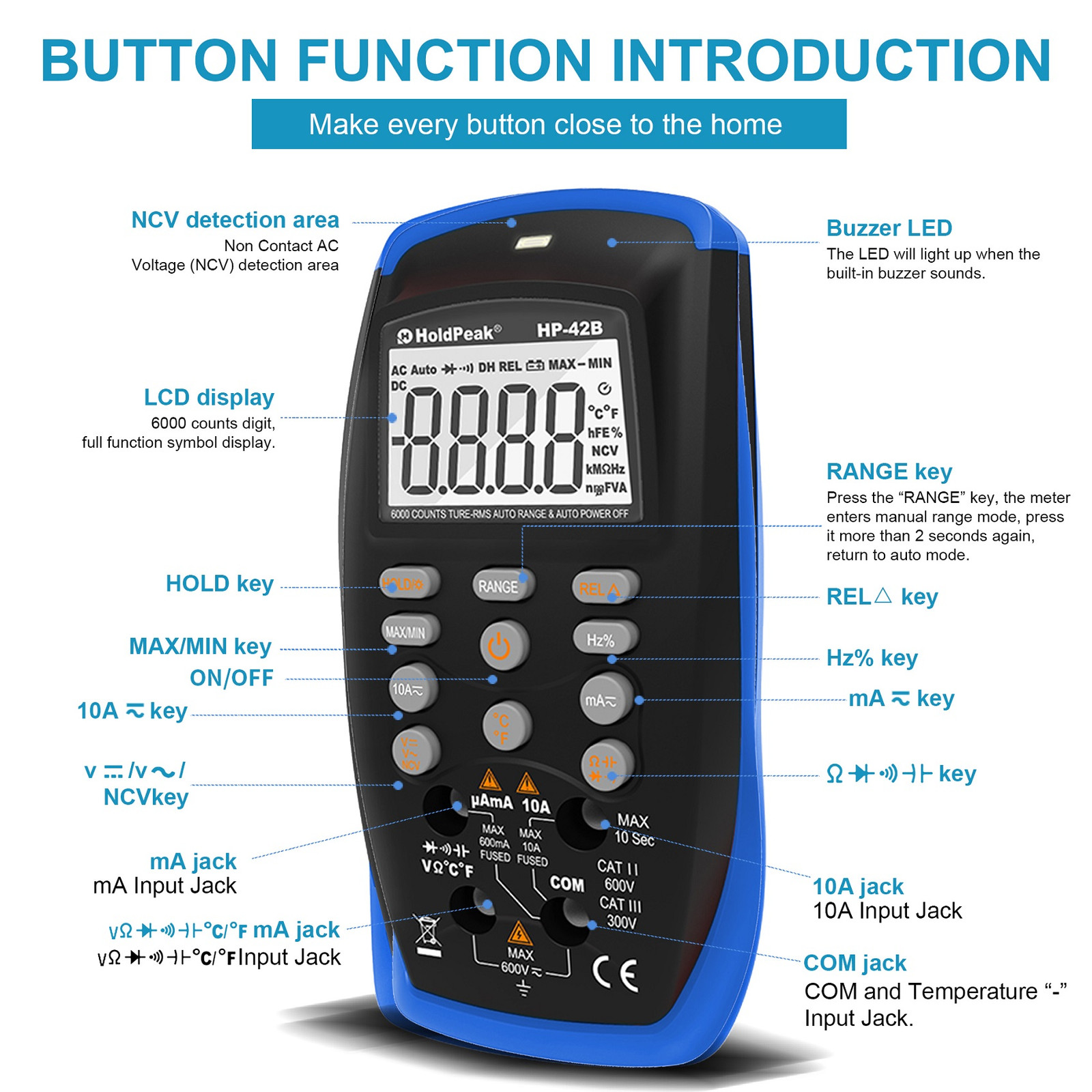 Digital Multimeter 6000C TRMS 600V 10A 60MΩ 200kHz Auto-Range NCV Data Hold