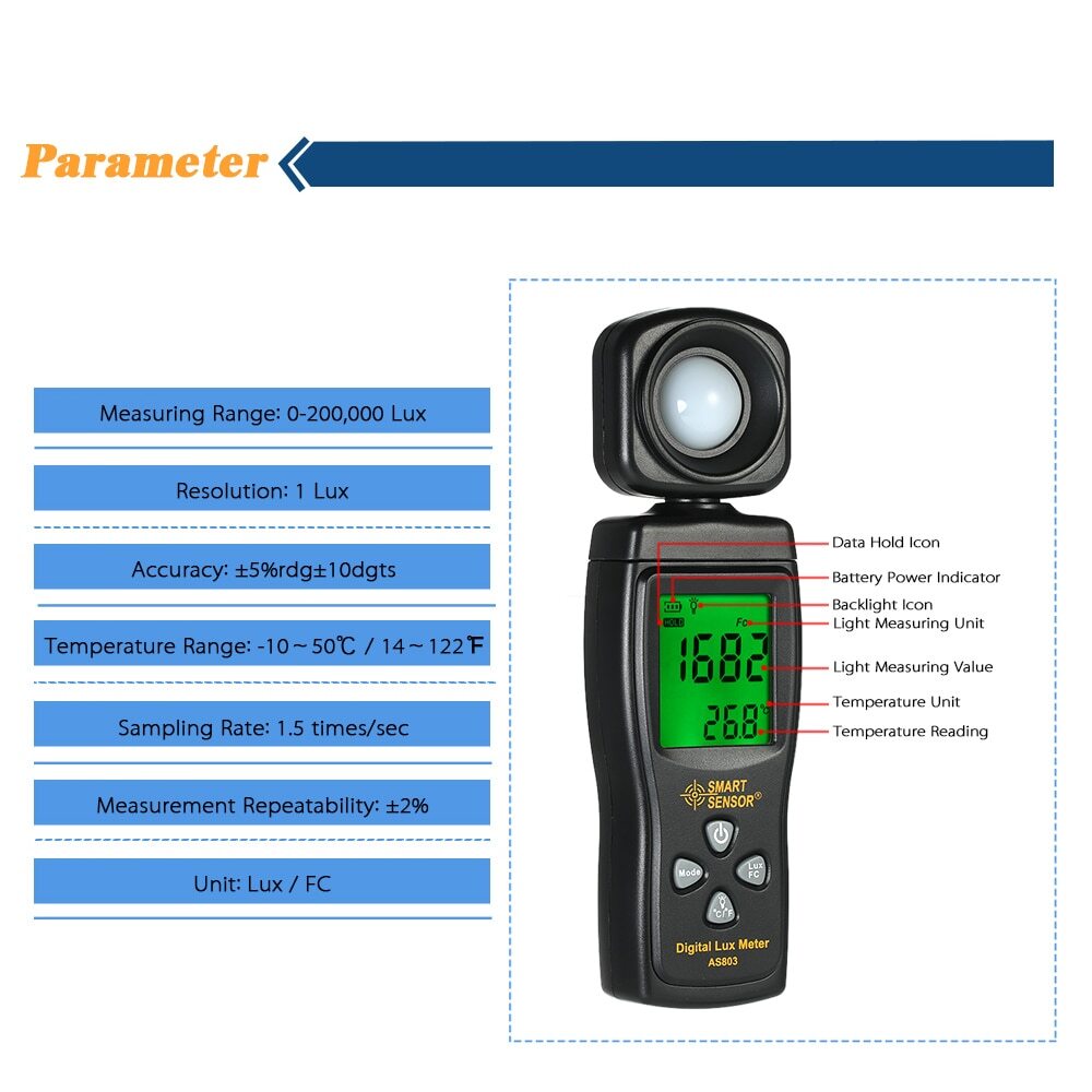 AS803 Handheld Digital Lux Meter Luminance Tester Light Meter 1-200000 Lux Tools