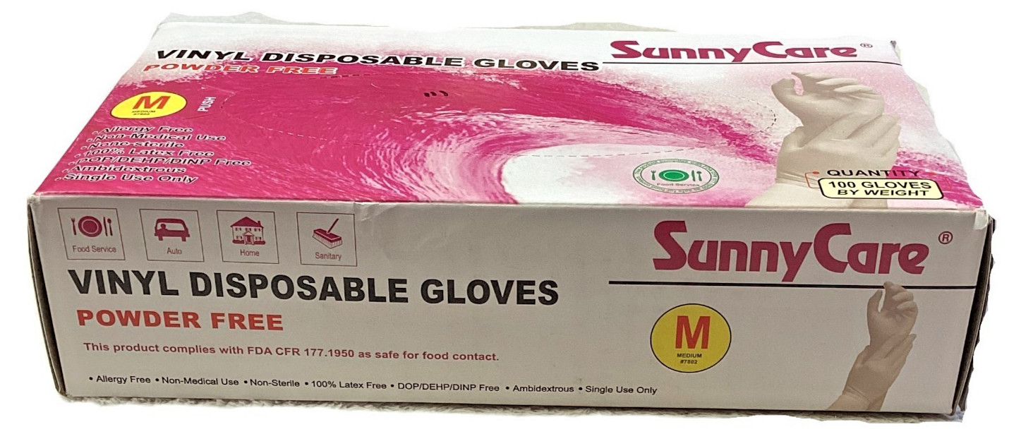 SunnyCare Vinyl Disposable Gloves, Powder Free, Allergy Free, Size Medium