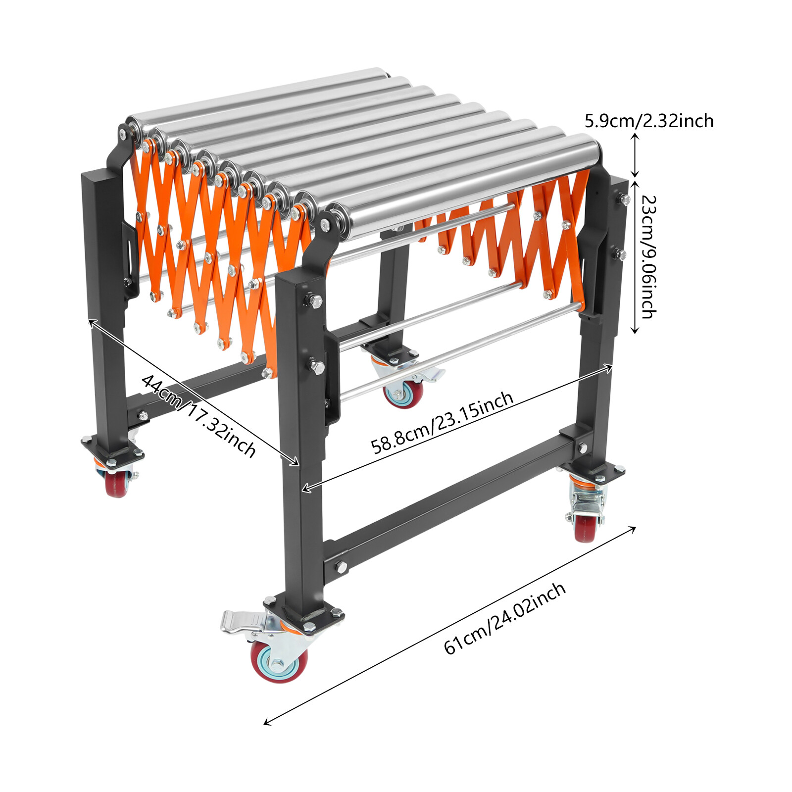 51*23*29in Silver/Black/Orange Iron&Stainless Steel Adjustable Roller Conveyor