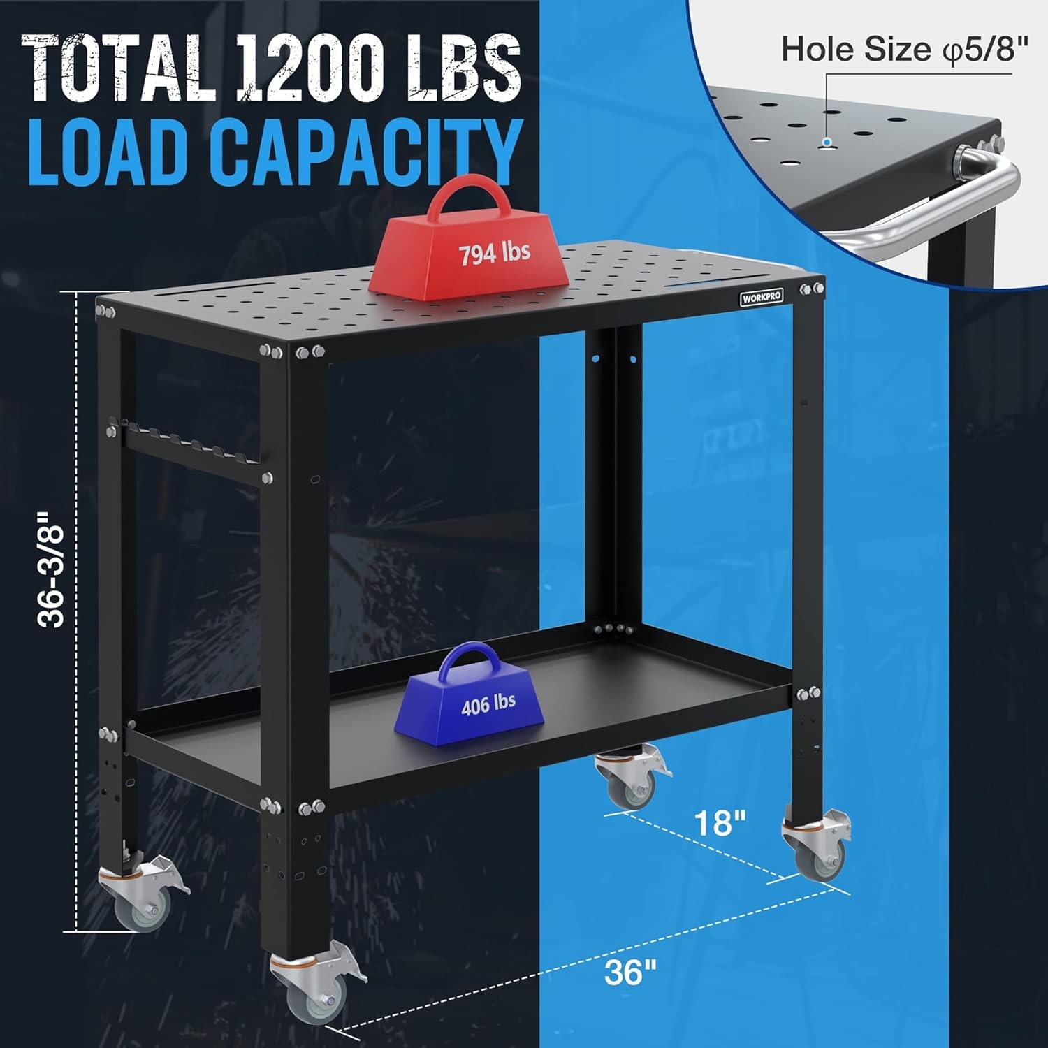 WORKPRO 36″×18″ Welding Table 1200 lbs Load Capacity 5/8″ Hole Welding Workbench