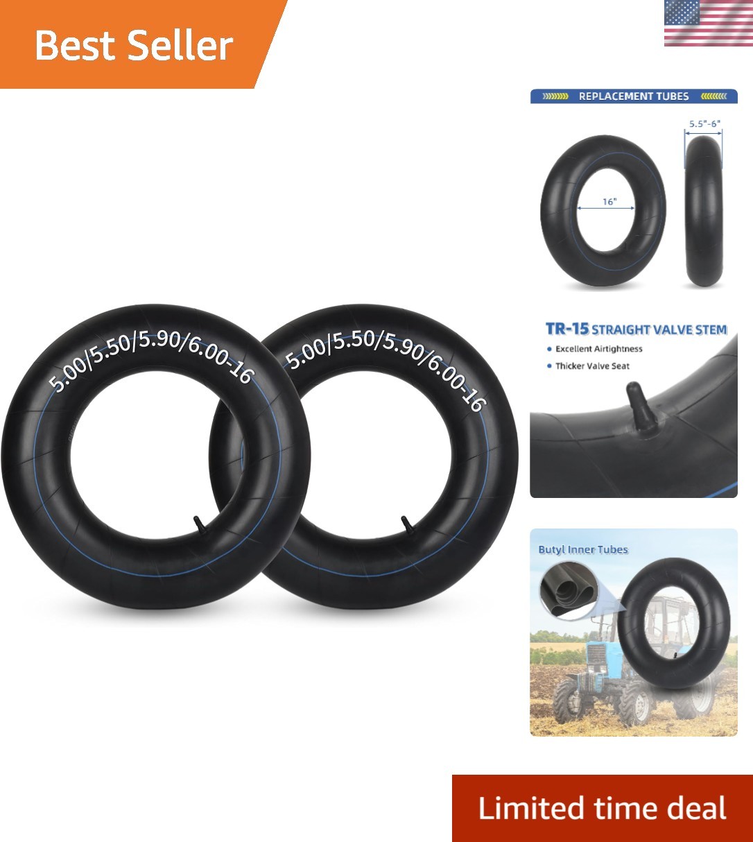 Universal Butyl Inner Tubes for Farm Tractors – 5.00/5.50/5.90/6.00-16 Sizes