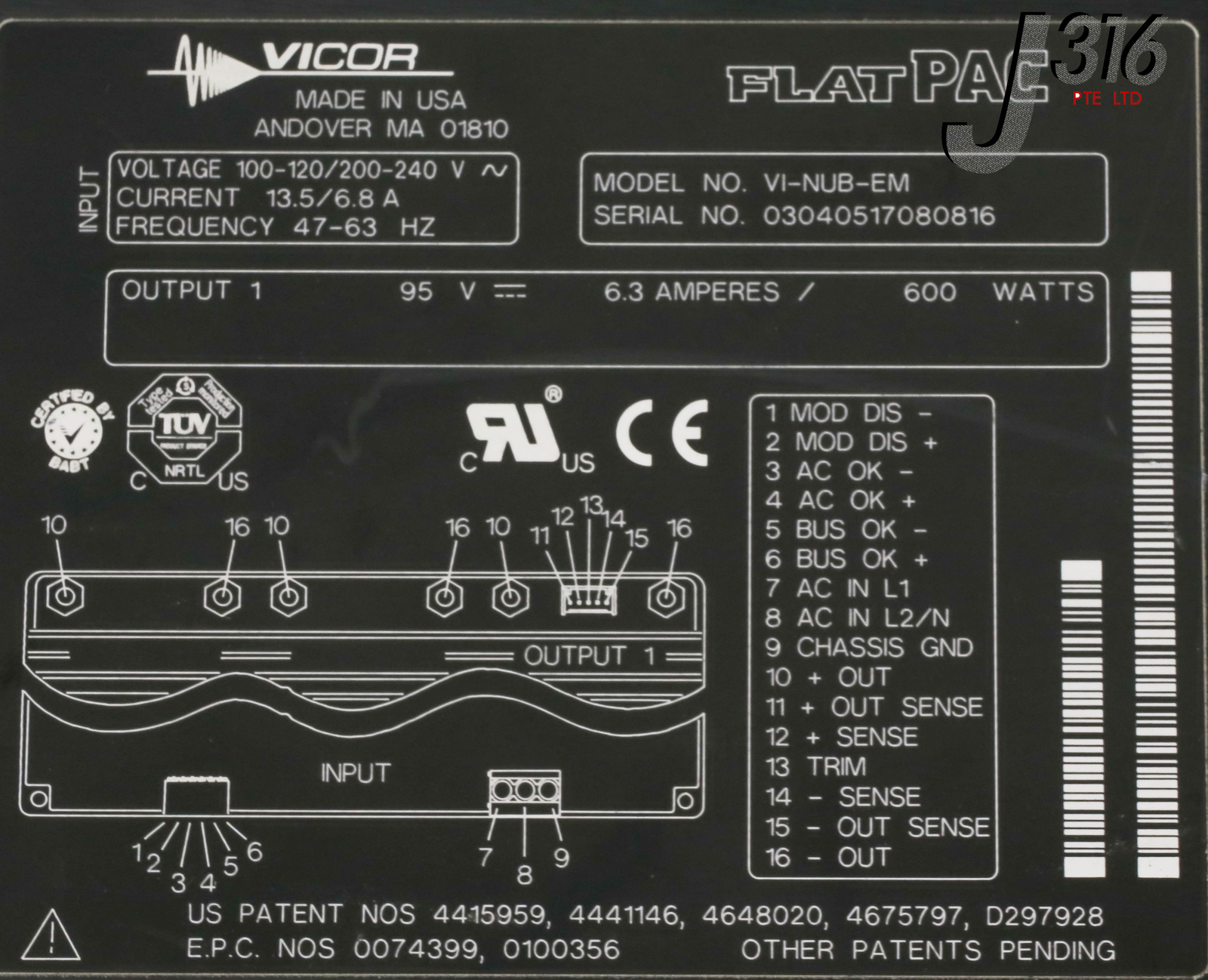 13098 VICOR FLATPAC SWITCHING POWER SUPPLY, 95VDC, 6.3A, 600W VI-NUB-EM