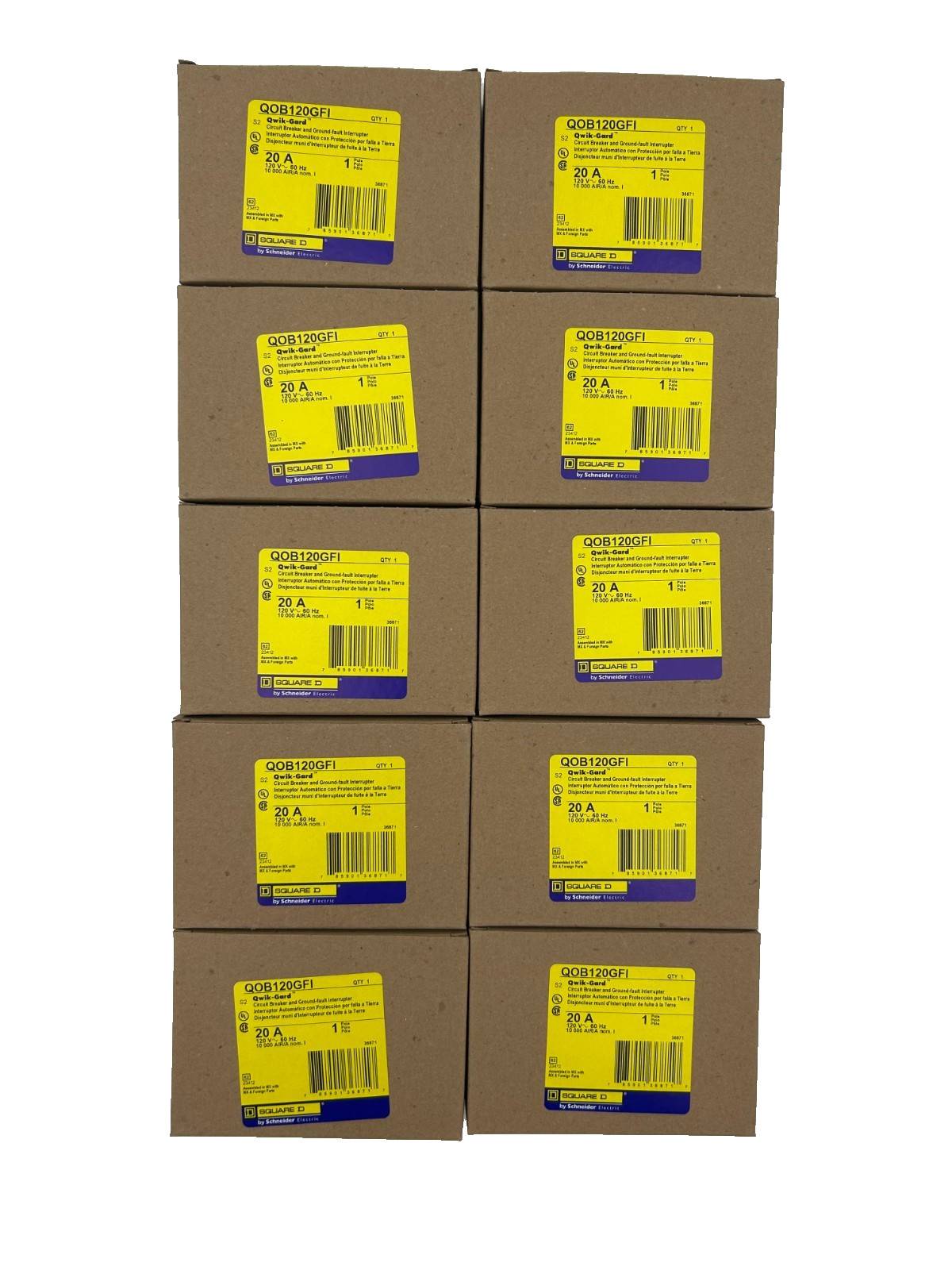 (10) New Square D QOB120GFI Bolt On Circuit Breaker 20A 1-Pole 120VAC