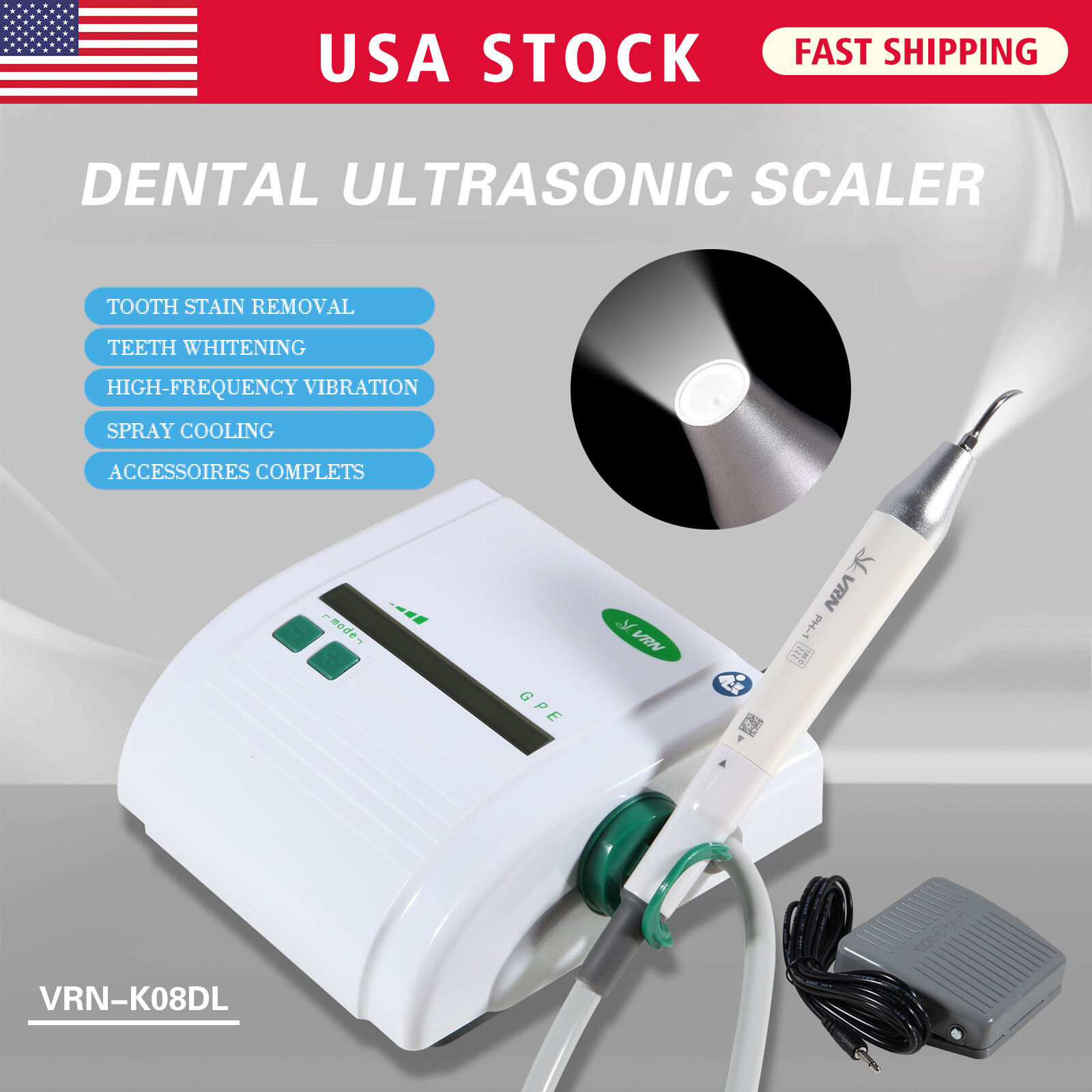 Cavitron Dental Ultrasonic Scaler +LED Light Handpiece +5*Tips fit EMS VRN-08DL