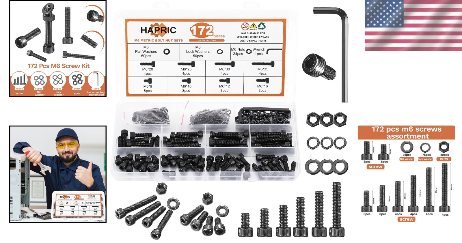 Complete 172-Pcs M6 Bolts Assortment: Black Zinc Plated Steel for Durability