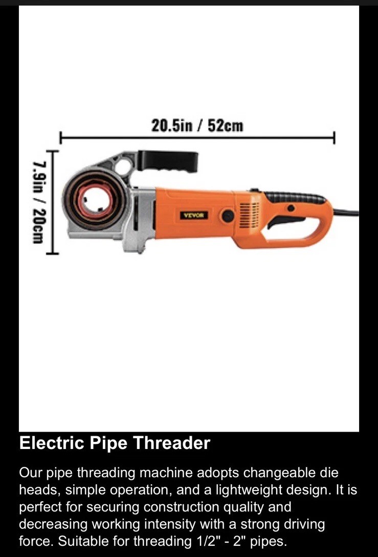 Electric Pipe Threader Portable Machine 2300W, 6 Dies 1/2-2″ , 22 RPM ,Excellent