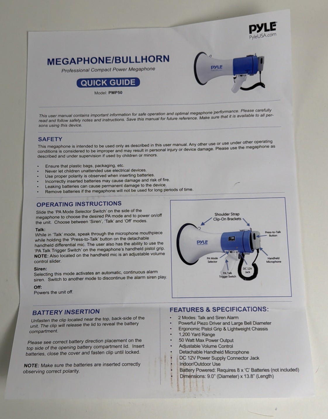 Pyle PMP50 Portable Megaphone Speaker Built-in Siren Adjustable Volume Control