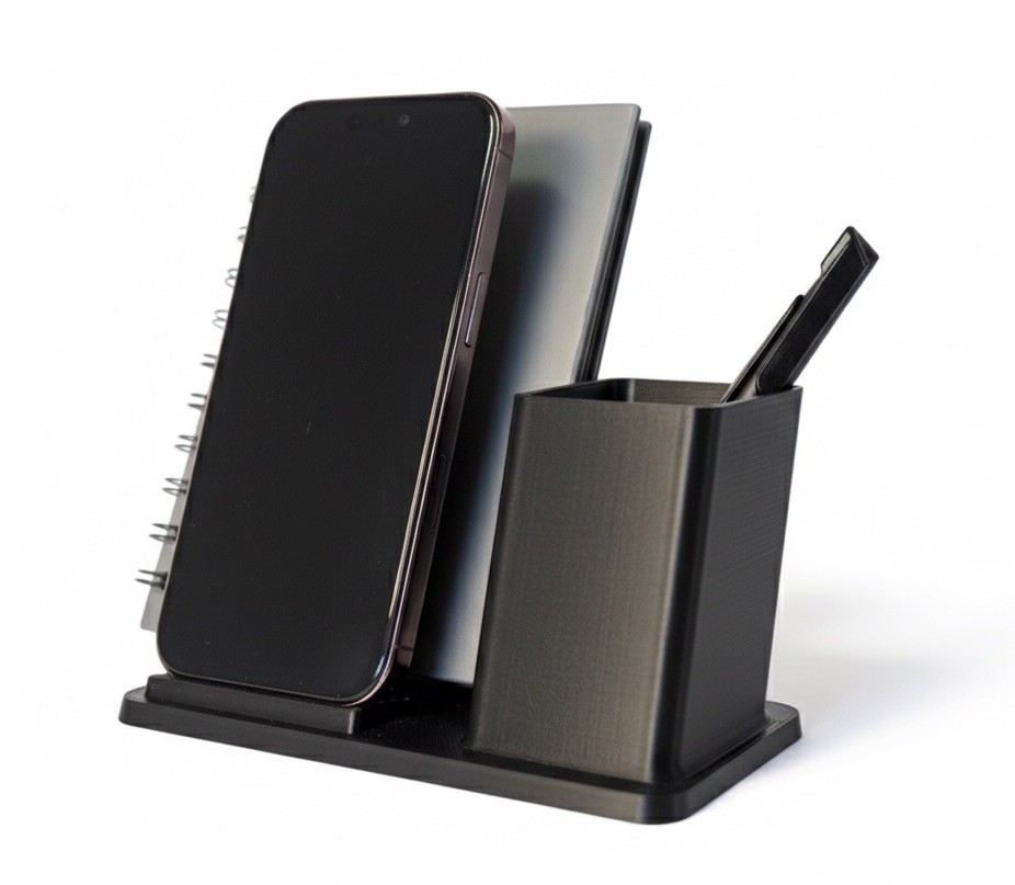 3D Printed Desk Organizer Phone Stand Pen Holder Minimalist Black Office Tray