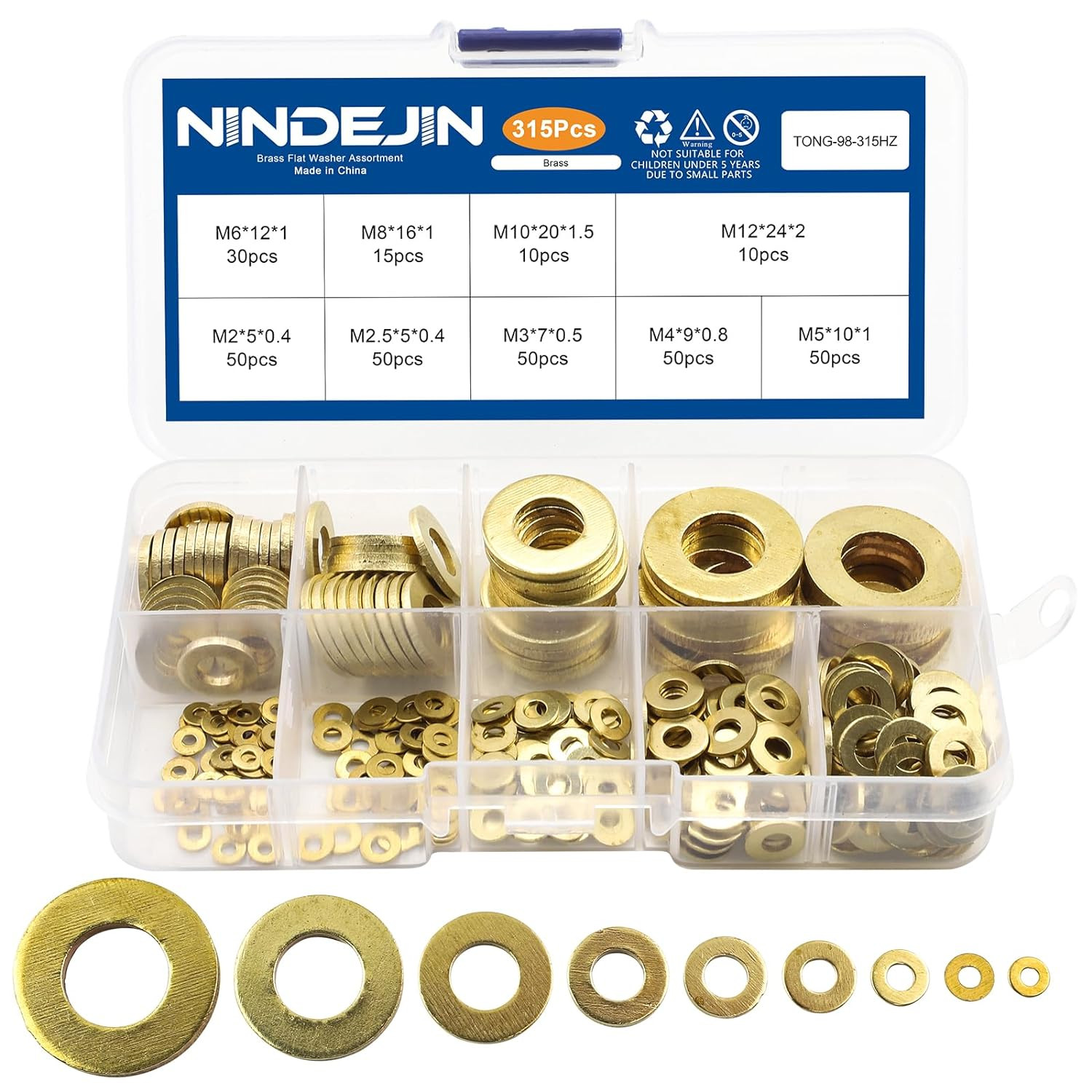 315 Pieces Brass Washer Assortment Kit Metric Flat Washers 9 Sizes Assorted Set